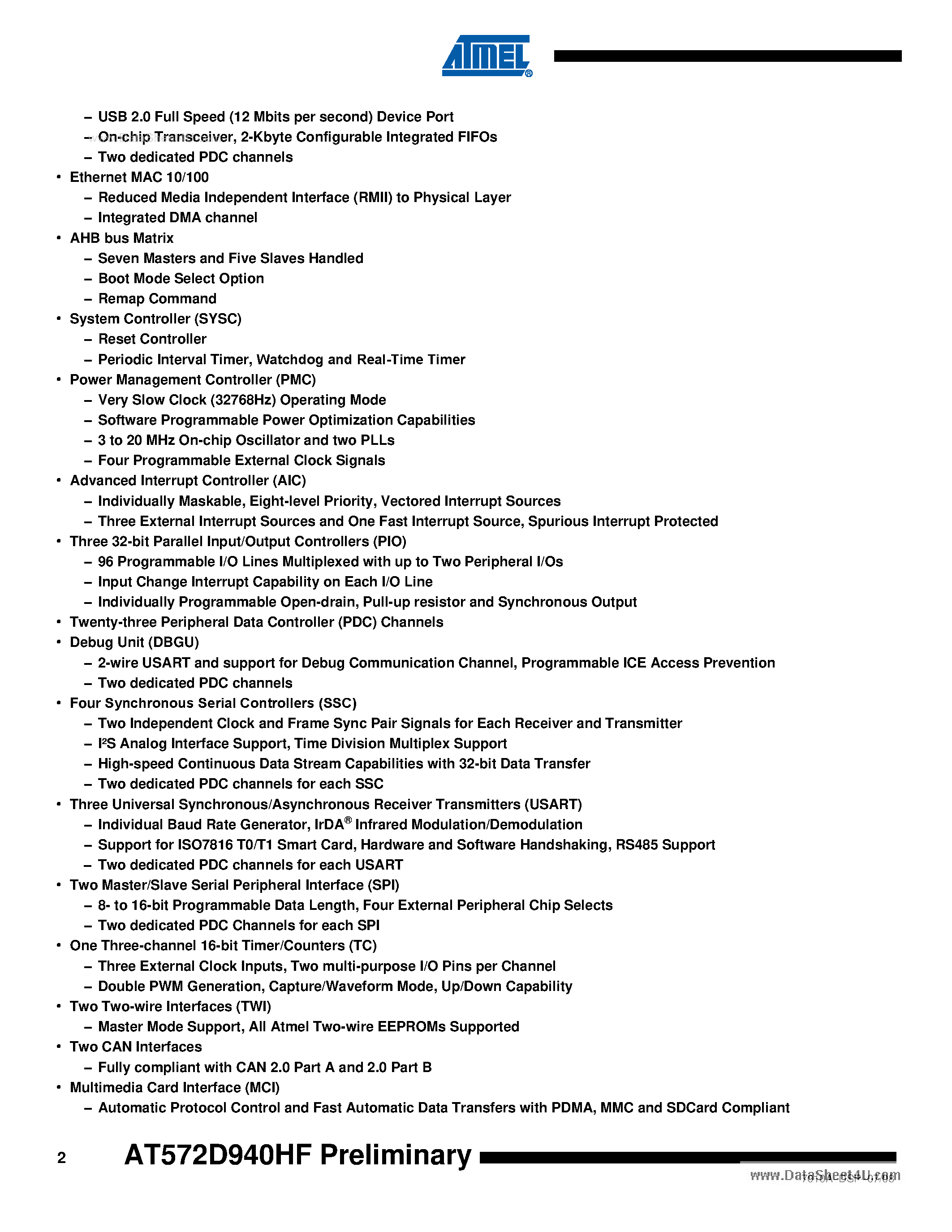 Datasheet AT572D940HF page 2 Datasheet AT572D940HF - DIOPSIS 940HF ARM926EJ-S PLUS ONE GFLOPS DSP page 2