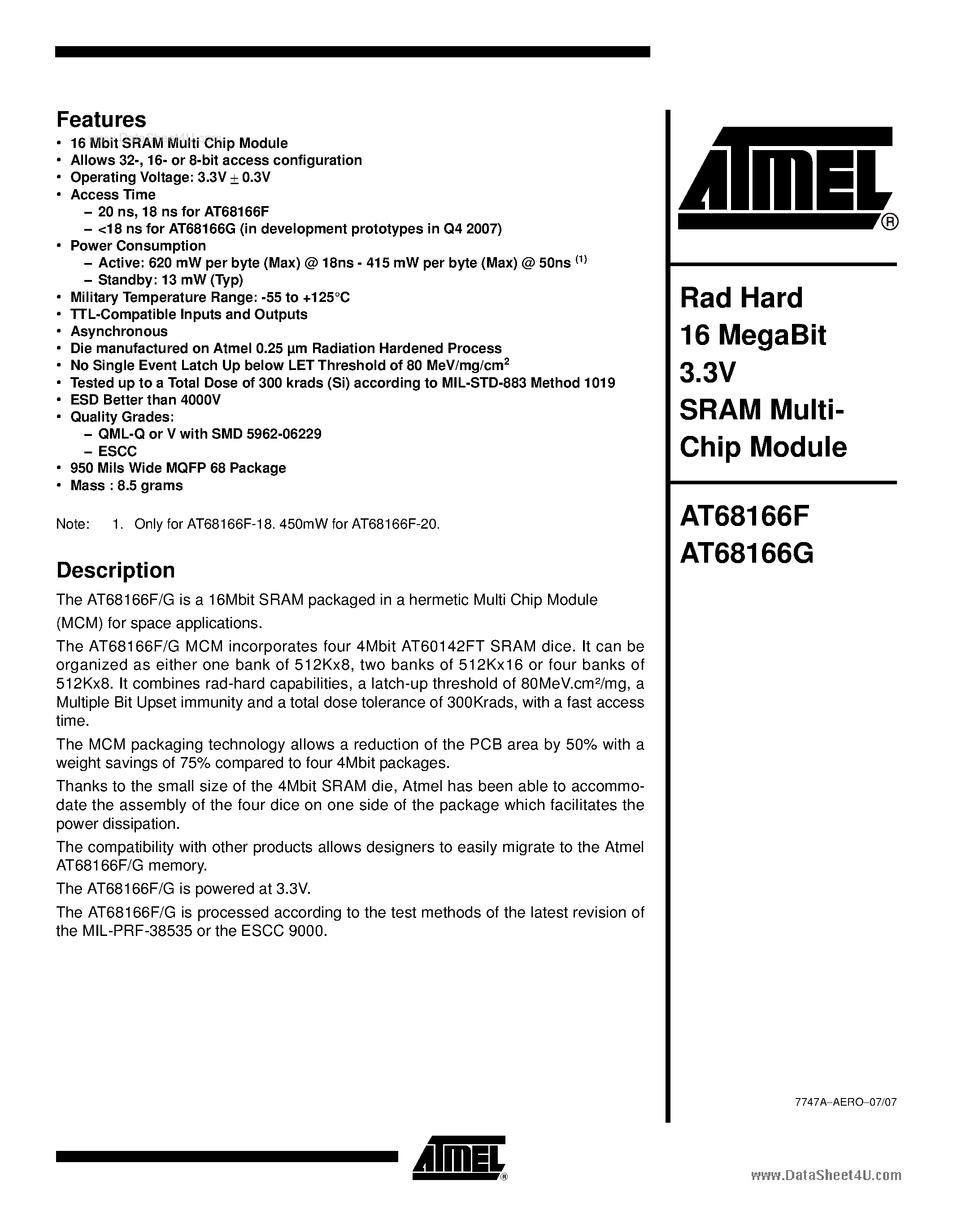 Datasheet AT68166F page 1 Datasheet AT68166F - Rad Hard 16 MegaBit 3.3V SRAM MultiChip Module page 1