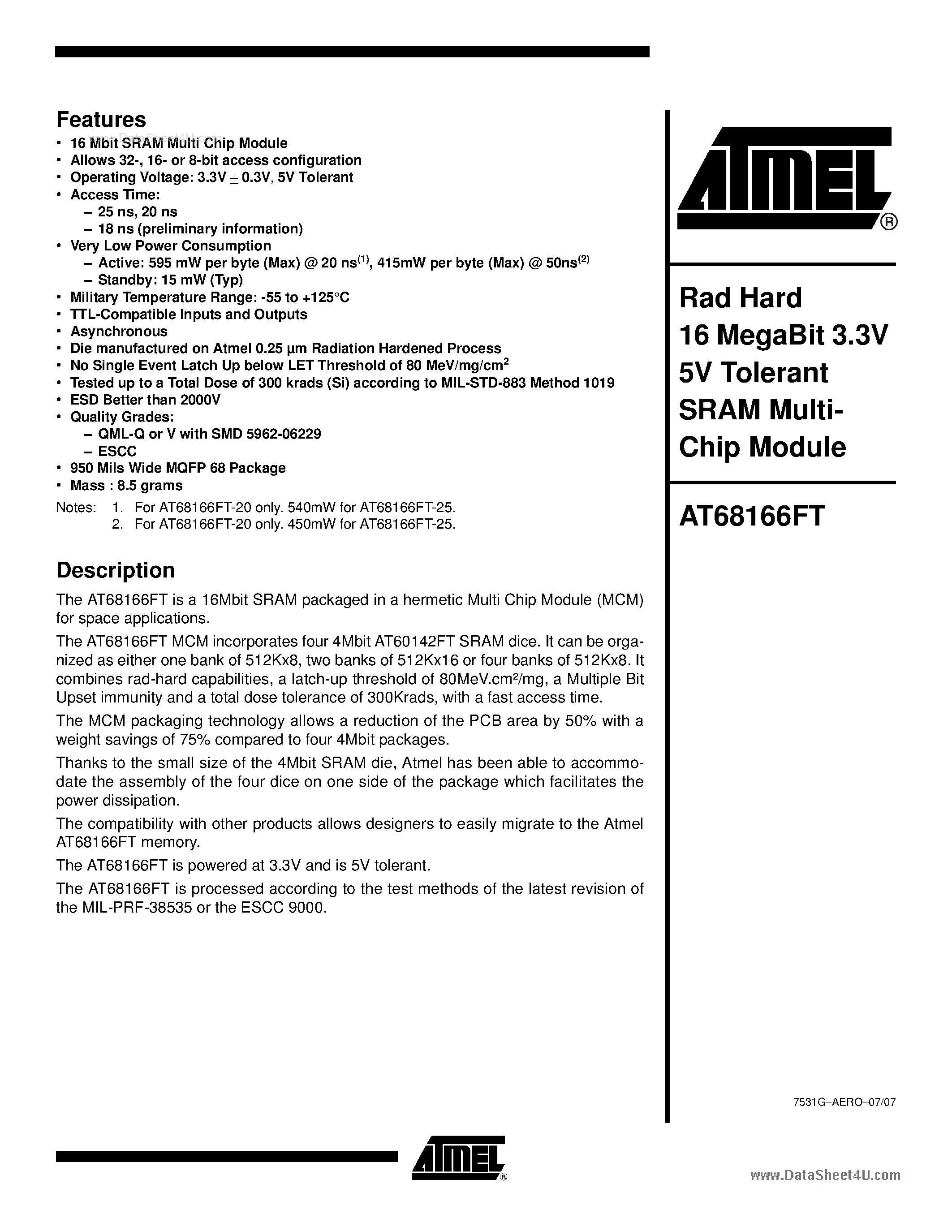 Datasheet AT68166FT page 1 Datasheet AT68166FT - Rad Hard 16 MegaBit 3.3V 5V Tolerant SRAM Mult page 1