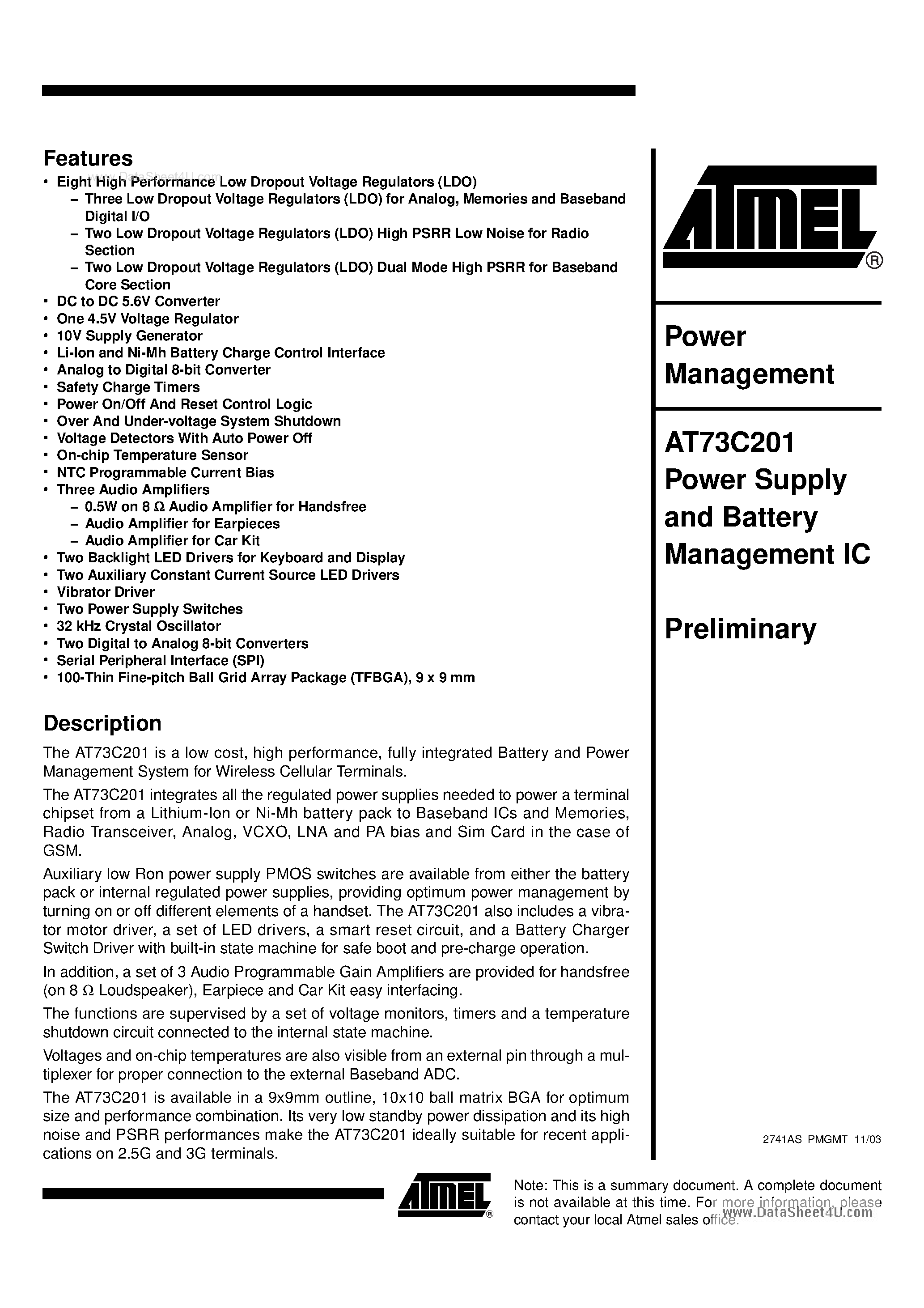 Datasheet AT73C201 - POWER SUPPLY AND BATTERY MANAGEMENT IC page 1