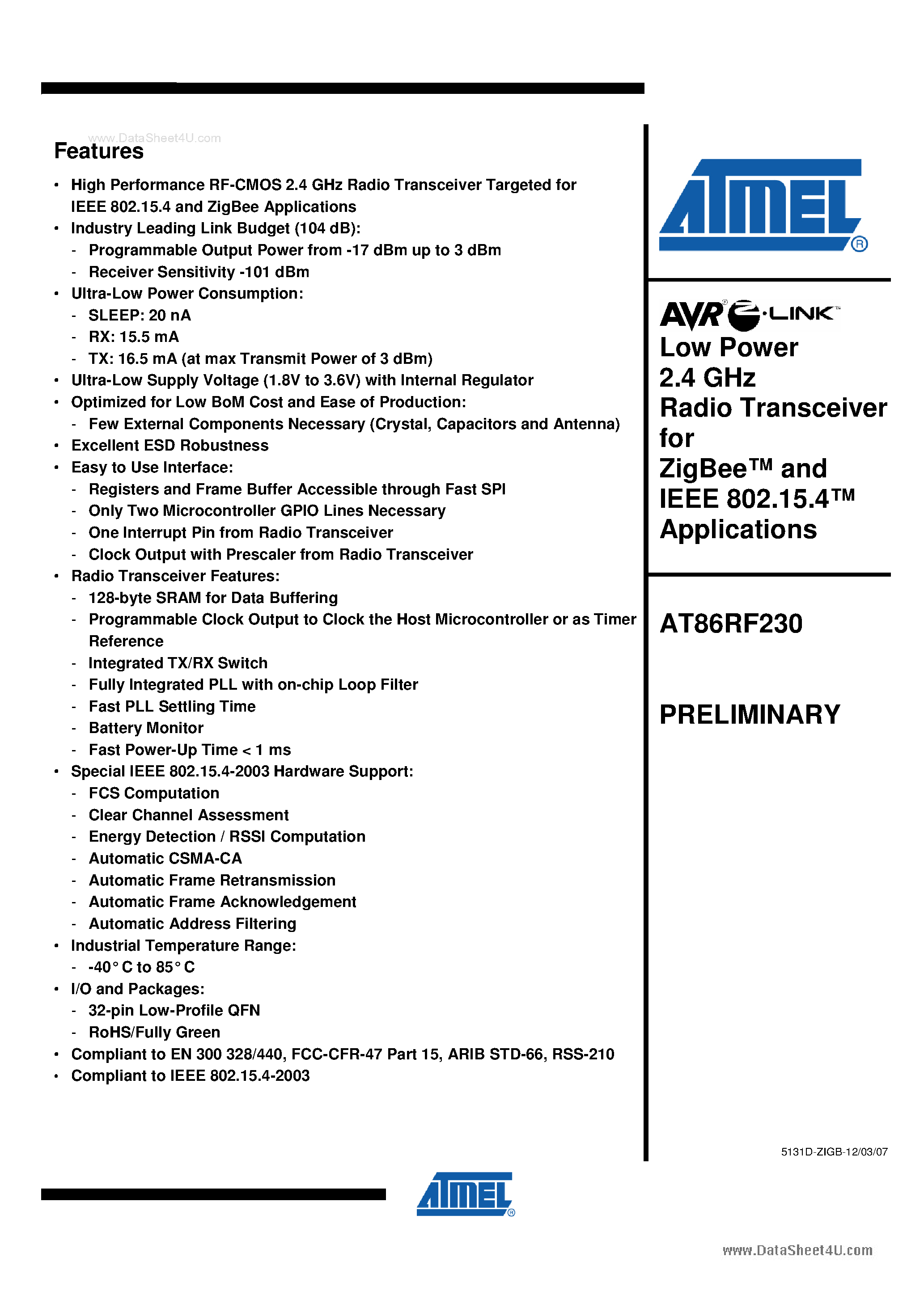 Datasheet AT86RF231 - Low Power 2.4 GHz Radio Transceiver page 1