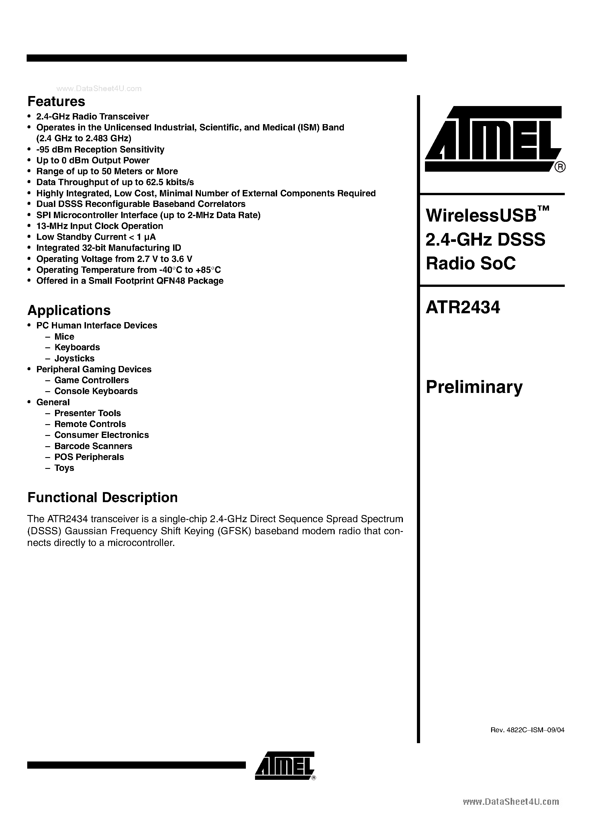 Datasheet ATR2434 - WirelessUSB 2.4-GHz DSSS Radio SoC page 1