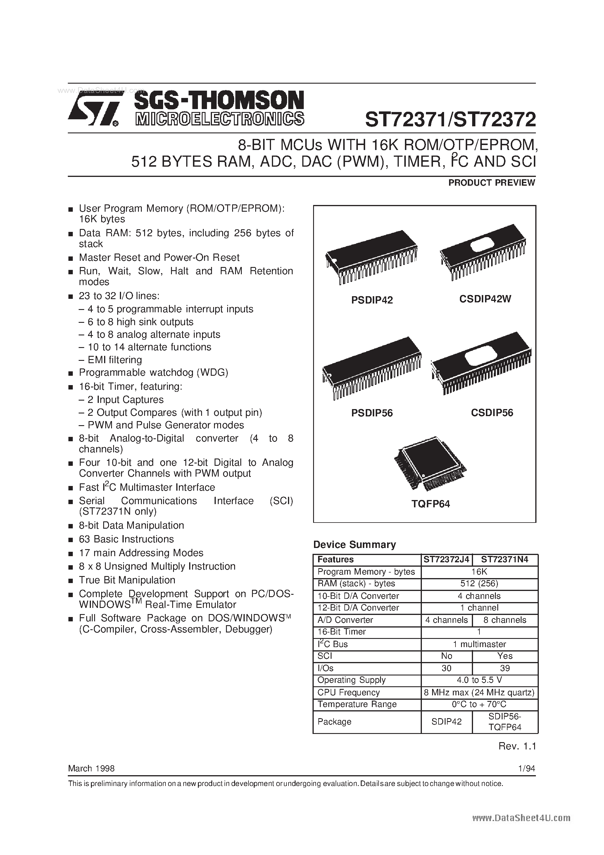 Datasheet ST72371 page 1 Datasheet ST72371 - (ST72371 / ST72372) 8-BIT MCUs page 1