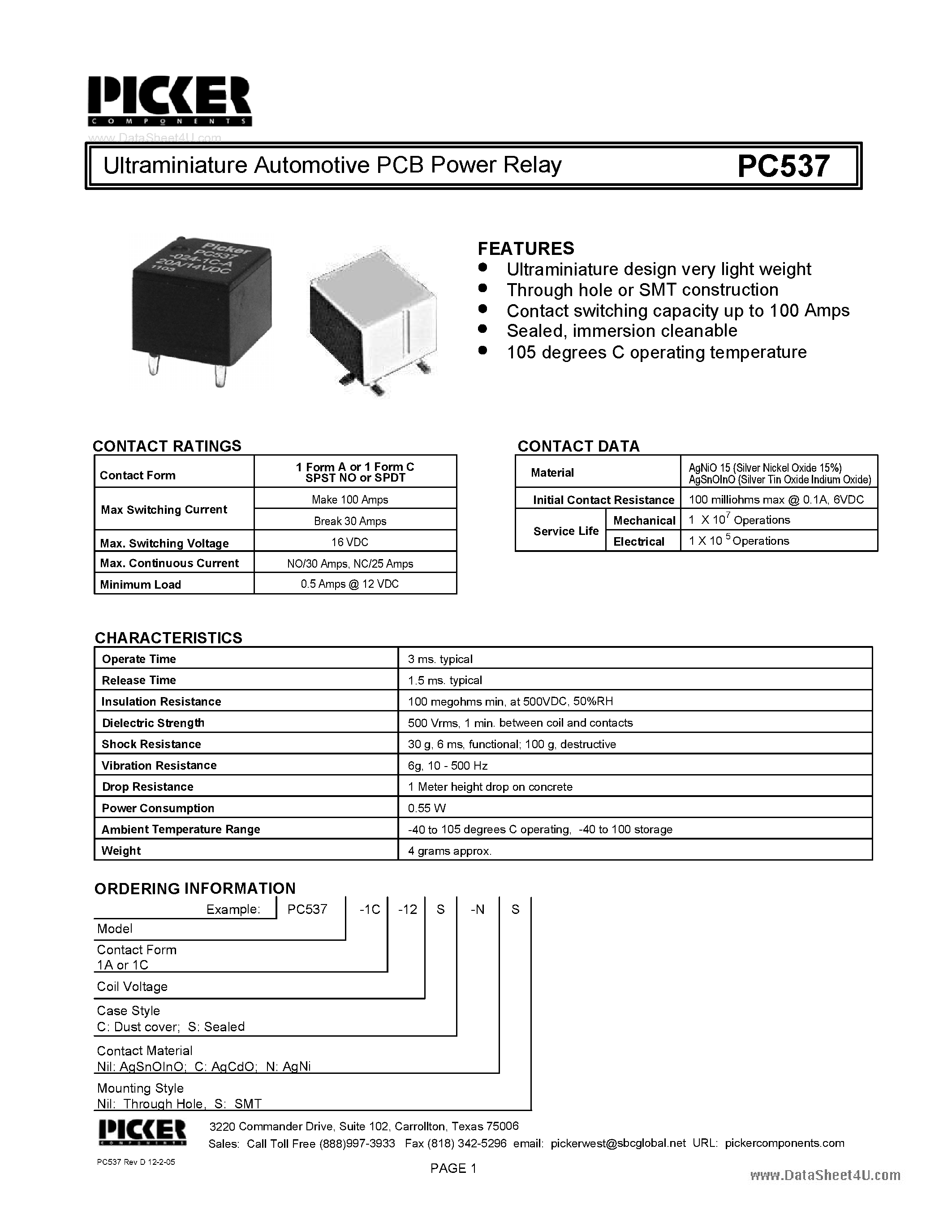 Datasheet PC537 - Ultraminiature Automotive PCB Power Relay page 1