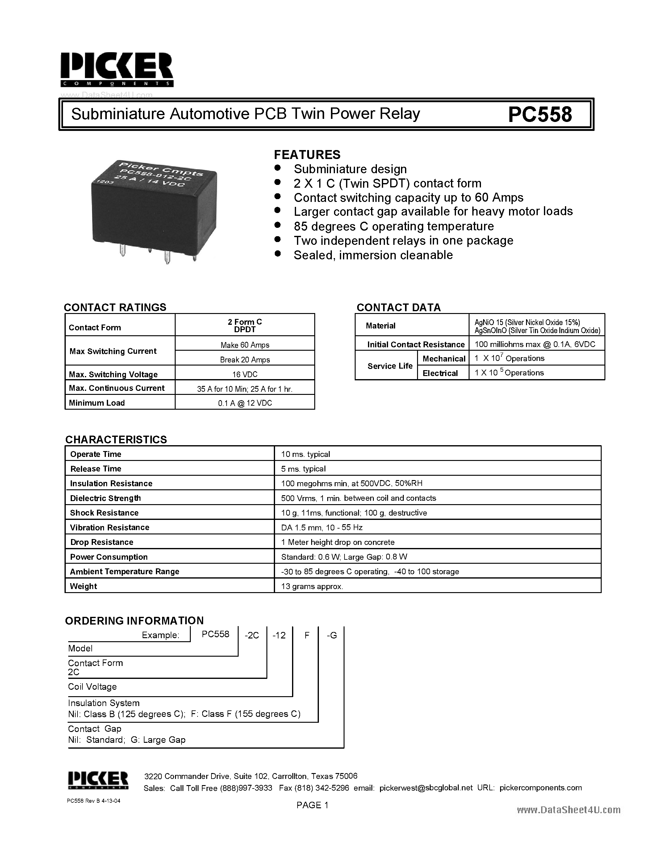 Datasheet PC558 - Subminiature Automotive PCB Twin Power Relay page 1