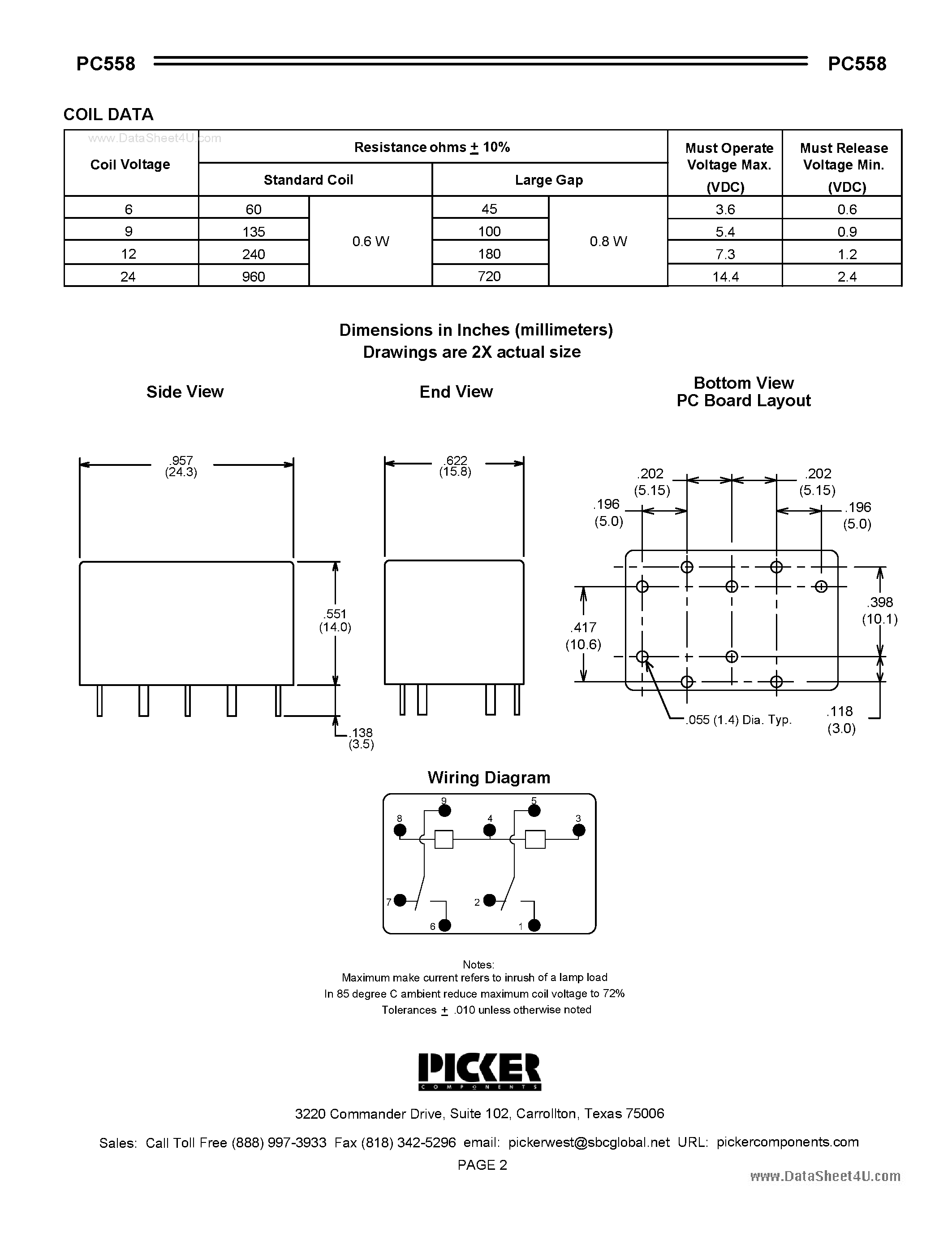 Datasheet PC558 - Subminiature Automotive PCB Twin Power Relay page 2