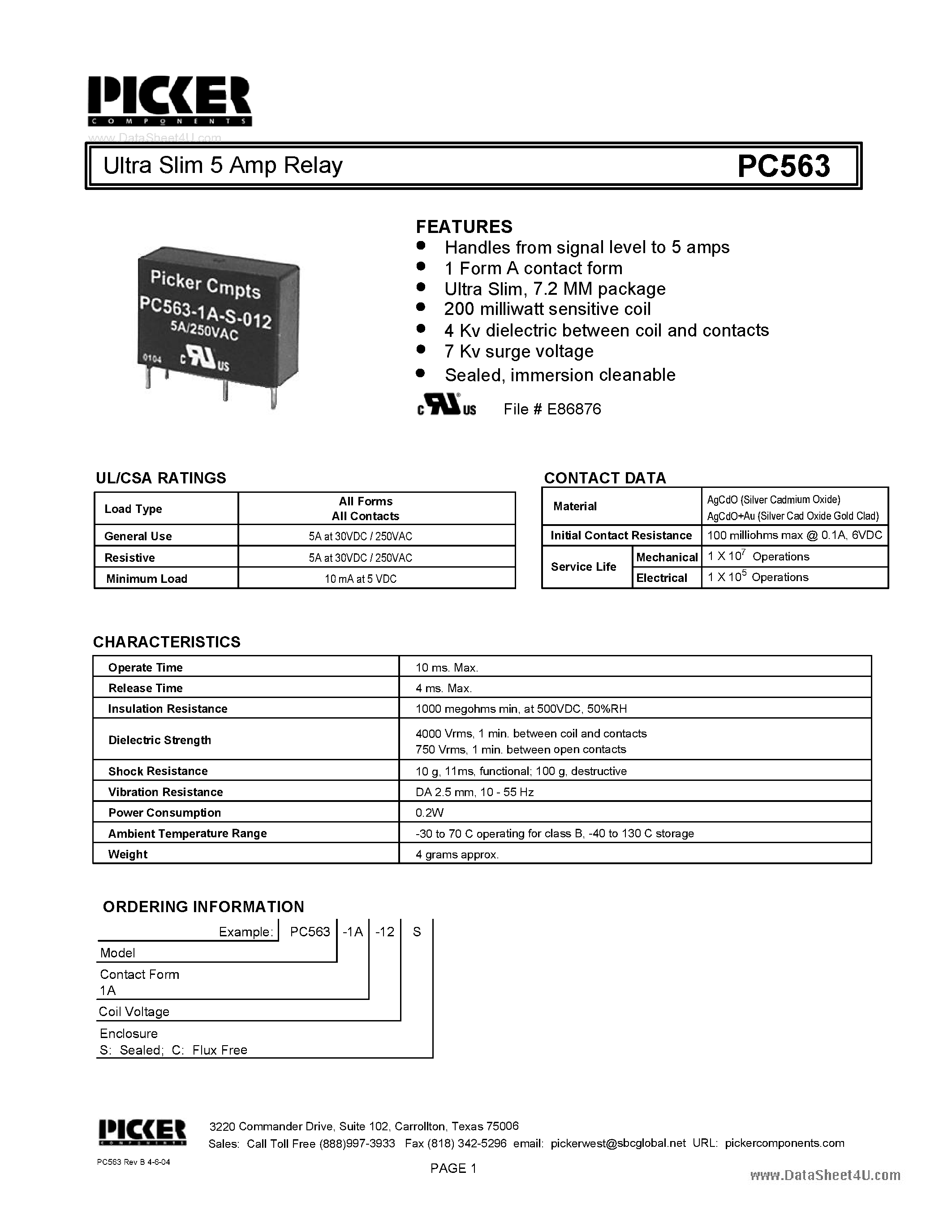 Datasheet PC563 page 1 Datasheet PC563 - Ultra Slim 5 Amp Relay page 1