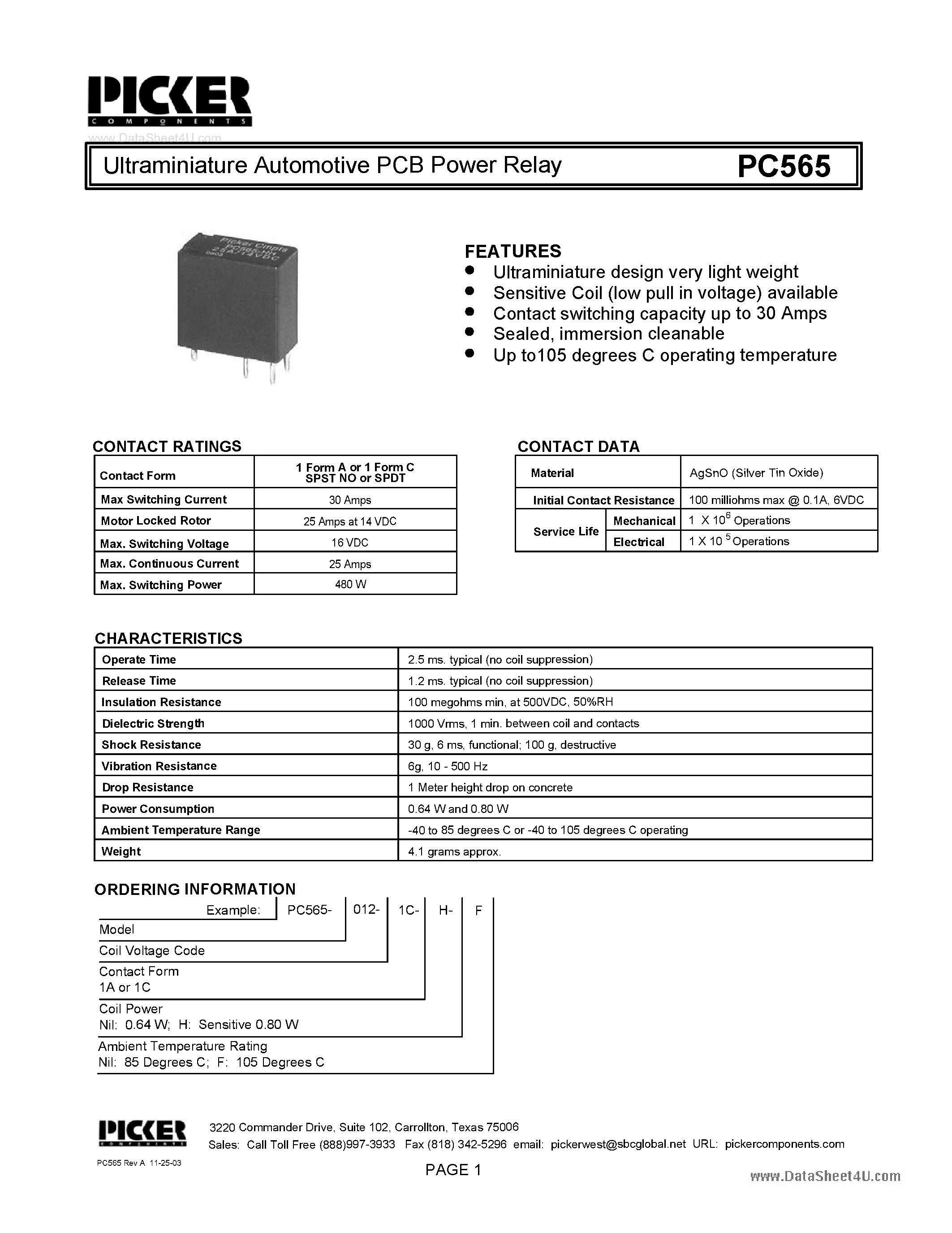 Datasheet PC565 - Ultraminiature Automotive PCB Power Relay page 1