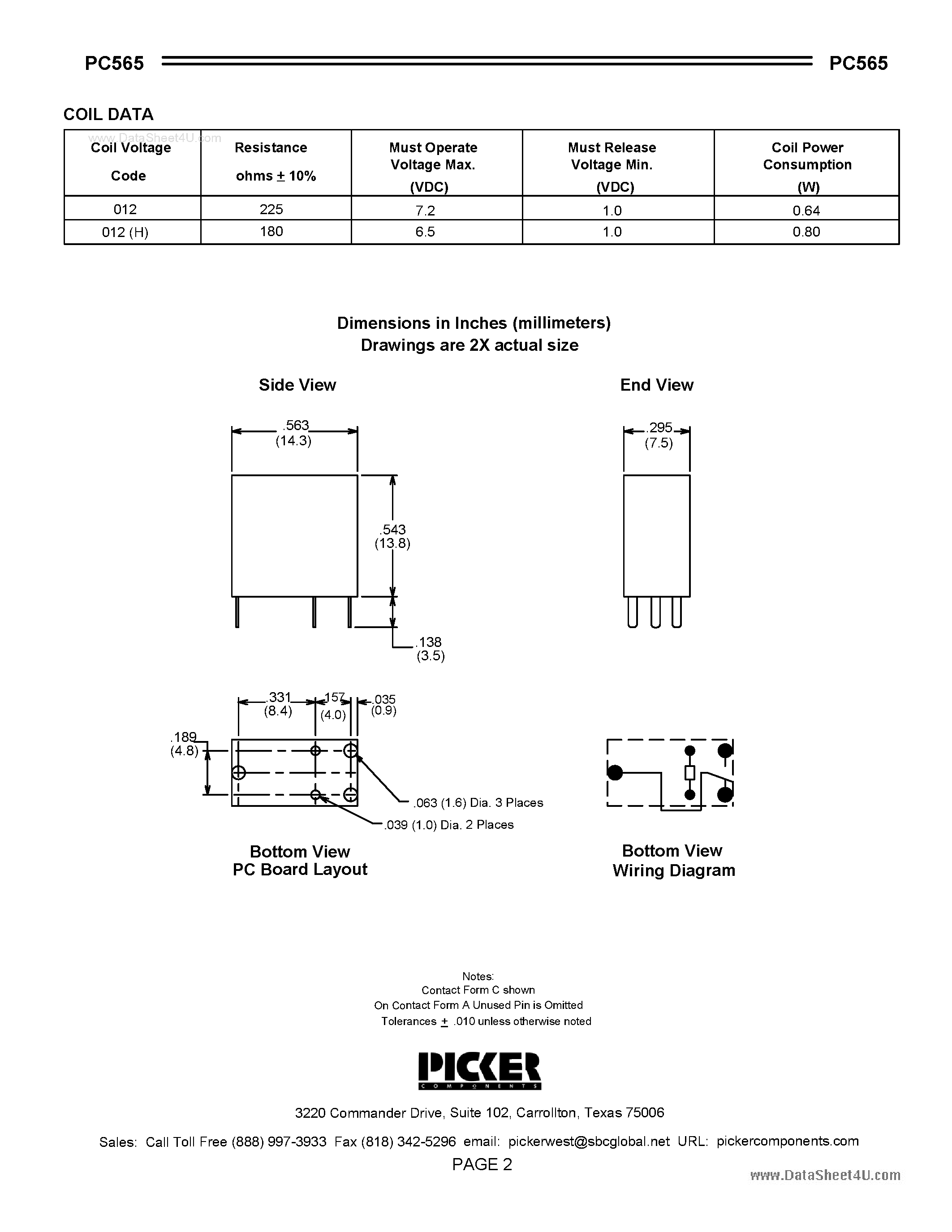 Datasheet PC565 - Ultraminiature Automotive PCB Power Relay page 2