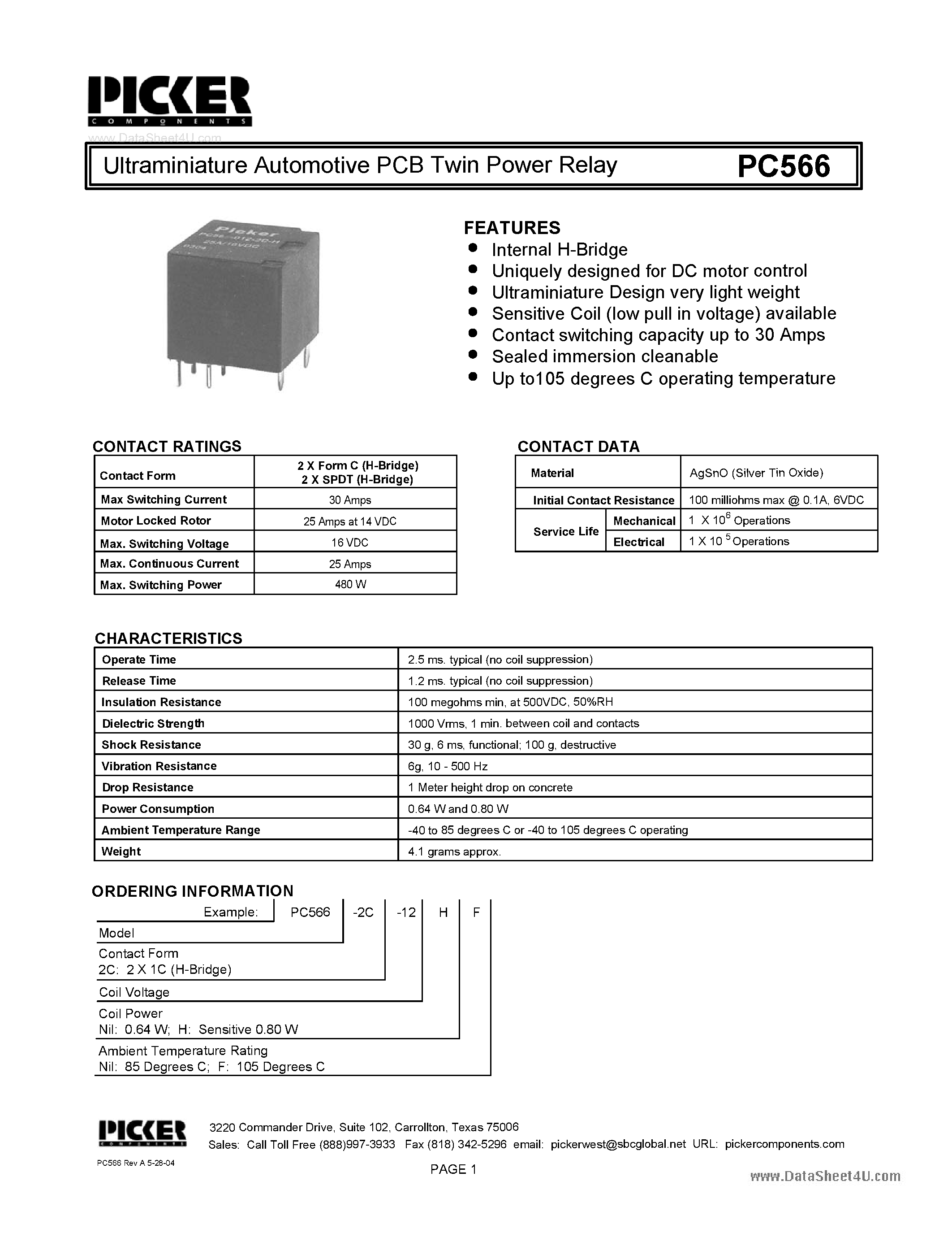 Datasheet PC566 - Ultraminiature Automotive PCB Twin Power Relay page 1