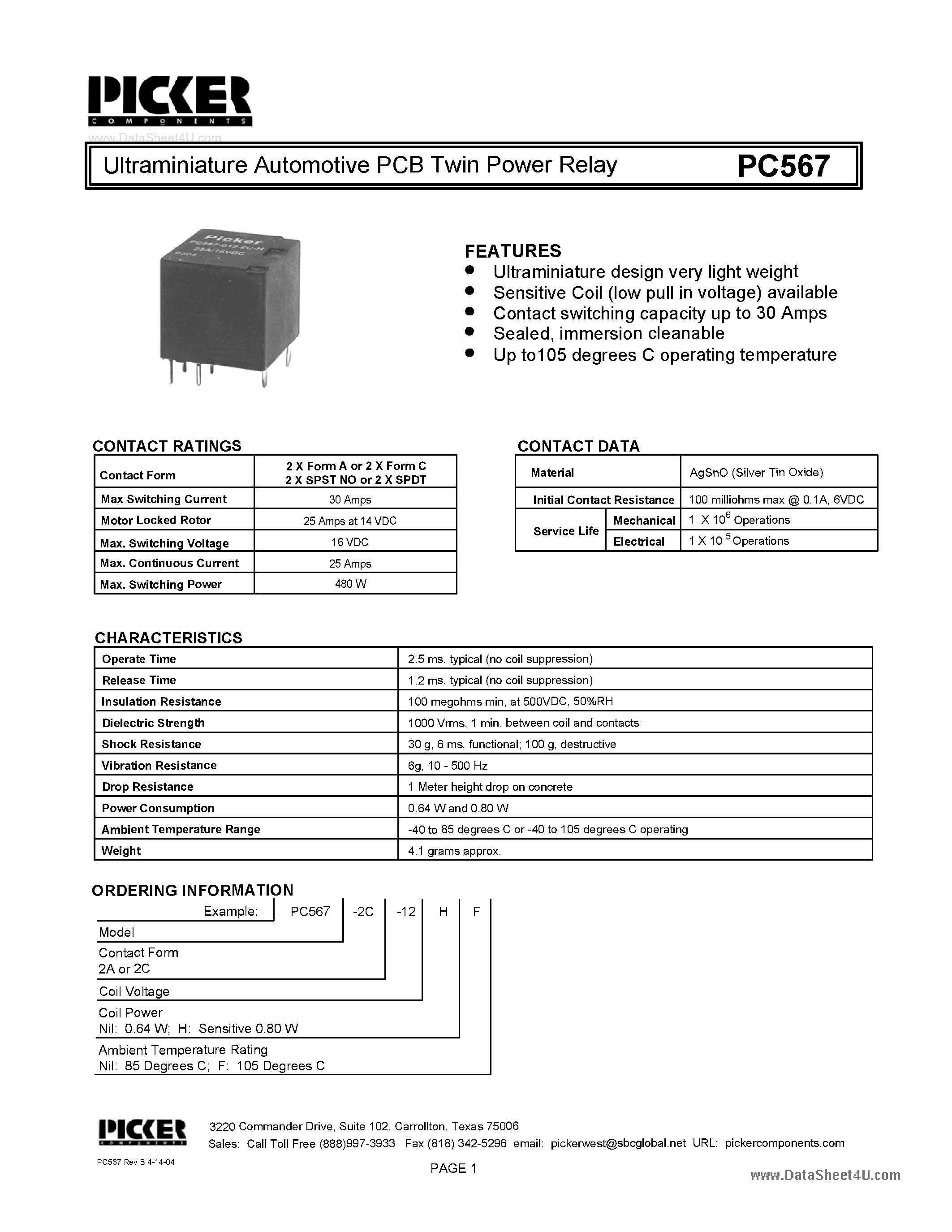 Datasheet PC567 - Ultraminiature Automotive PCB Twin Power Relay page 1