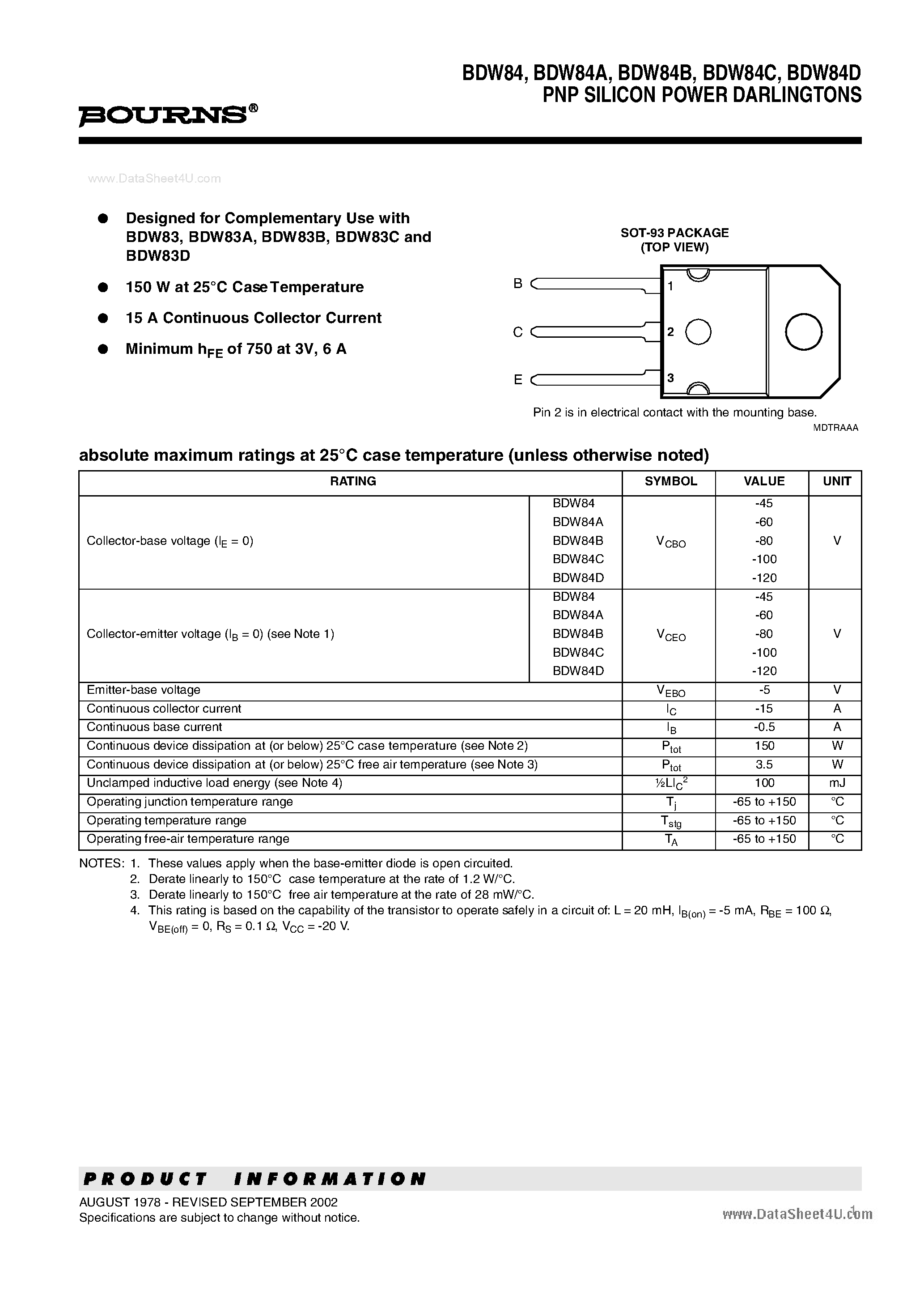 Datasheet BDW84 page 1 Datasheet BDW84 - PNP SILICON POWER DARLINGTONS page 1