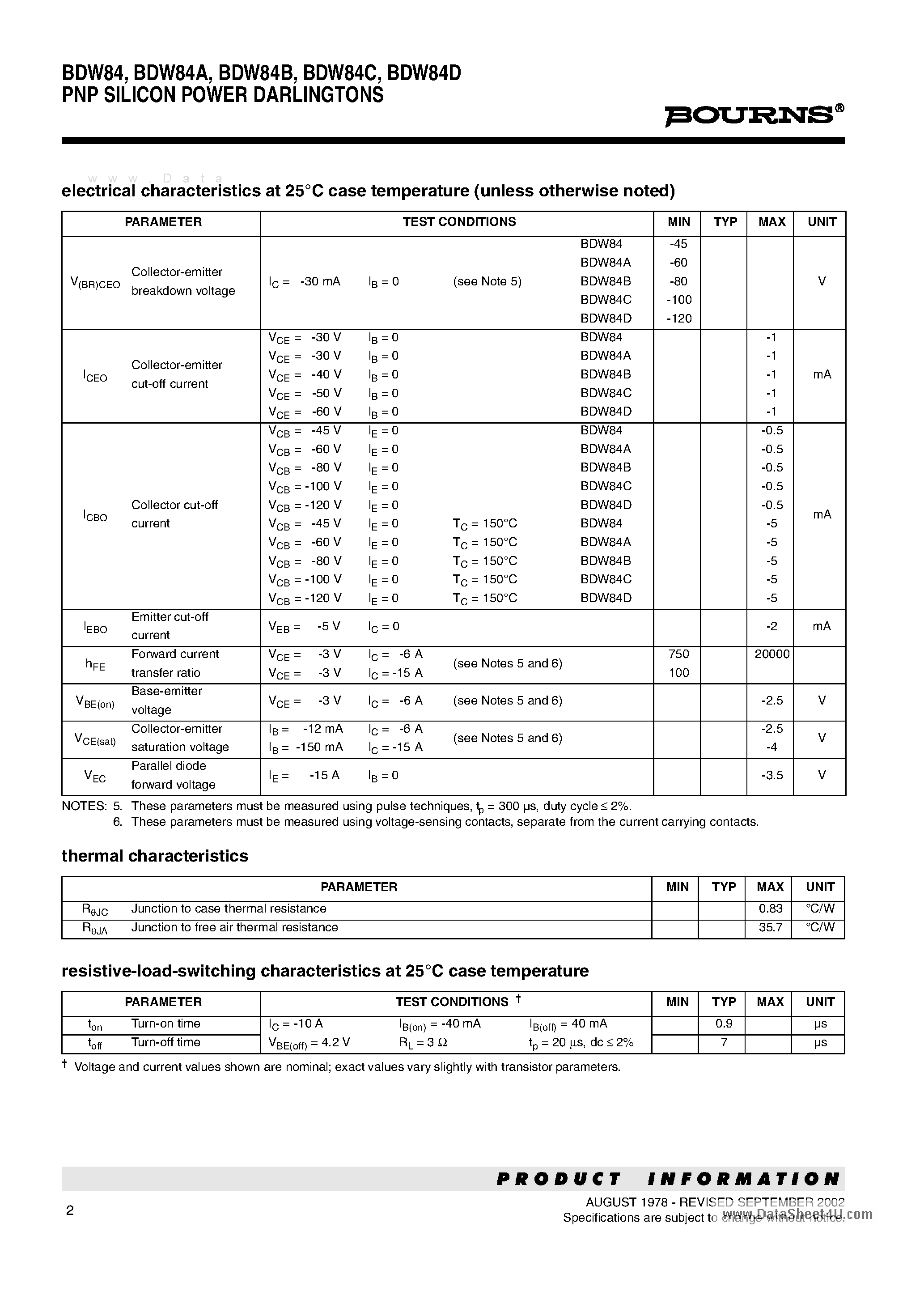 Datasheet BDW84 page 2 Datasheet BDW84 - PNP SILICON POWER DARLINGTONS page 2
