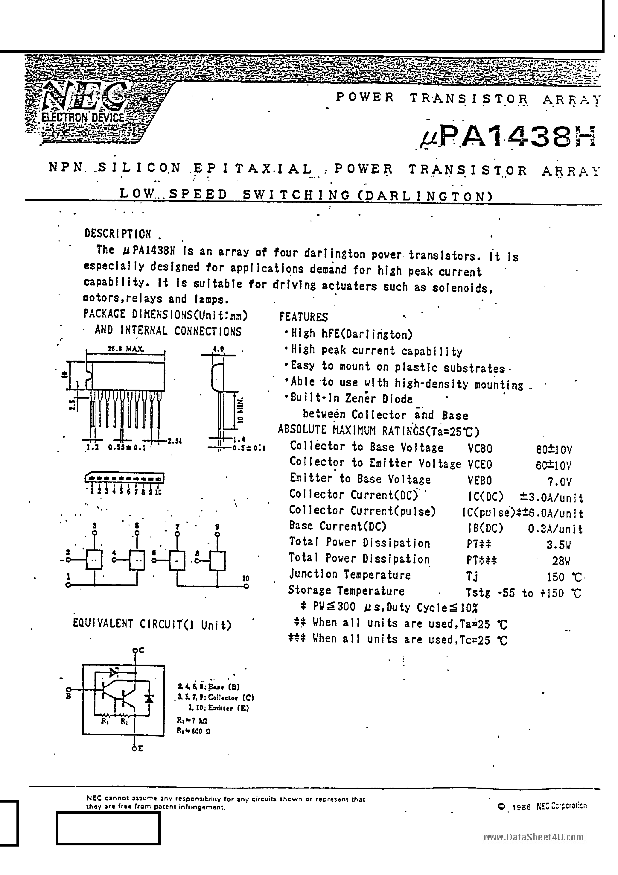 Datasheet UPA1438H page 1 Datasheet UPA1438H - NPN SILICON EPITAXIAL POWER TRANSISTOR ARRAY LOW SPEED SWITCHING page 1