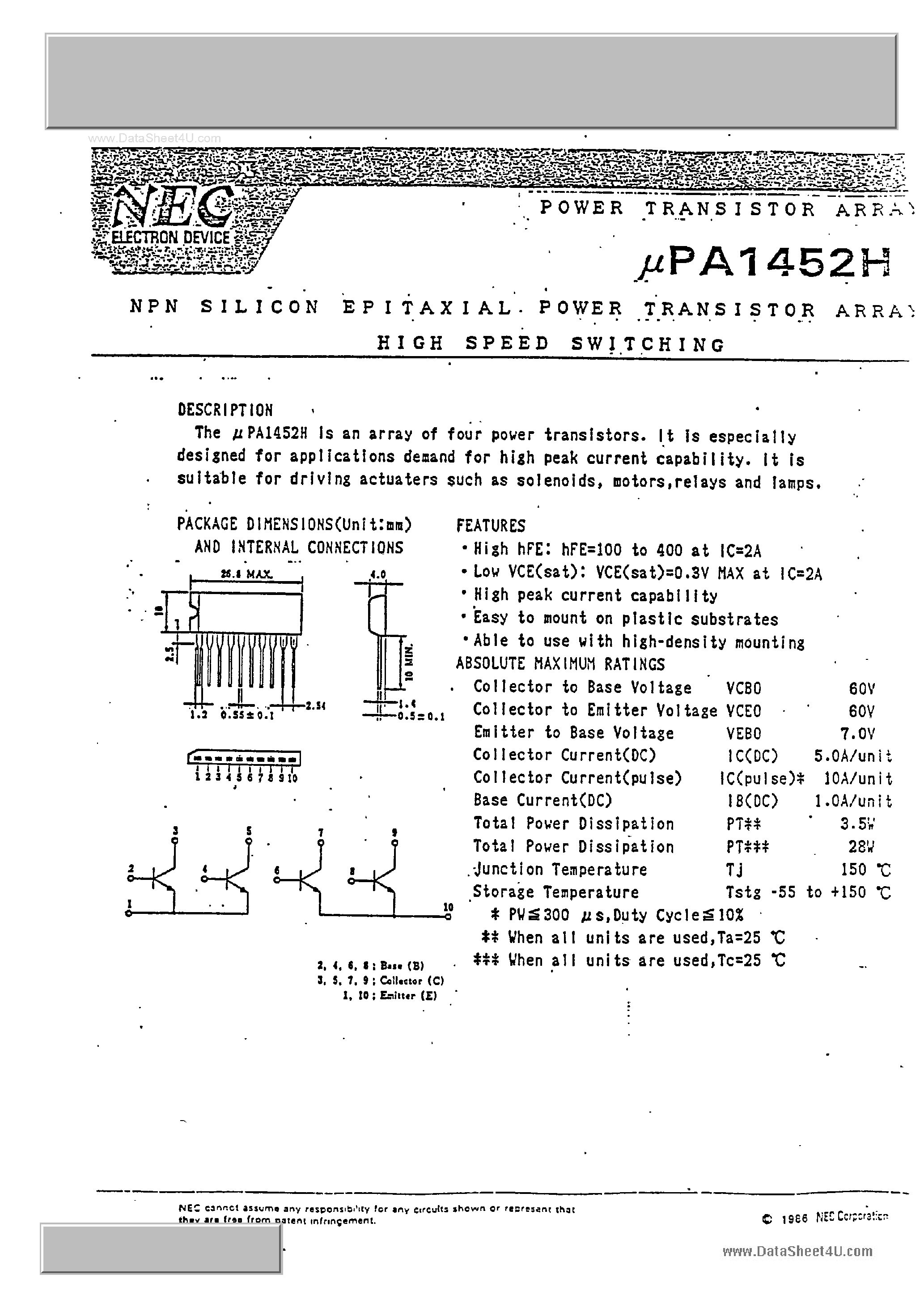 Datasheet UPA1452H page 1 Datasheet UPA1452H - NPN SILICON EPITAXIAL POWER TRANSISTOR ARRAY HIGH SPEED SWITCHING page 1