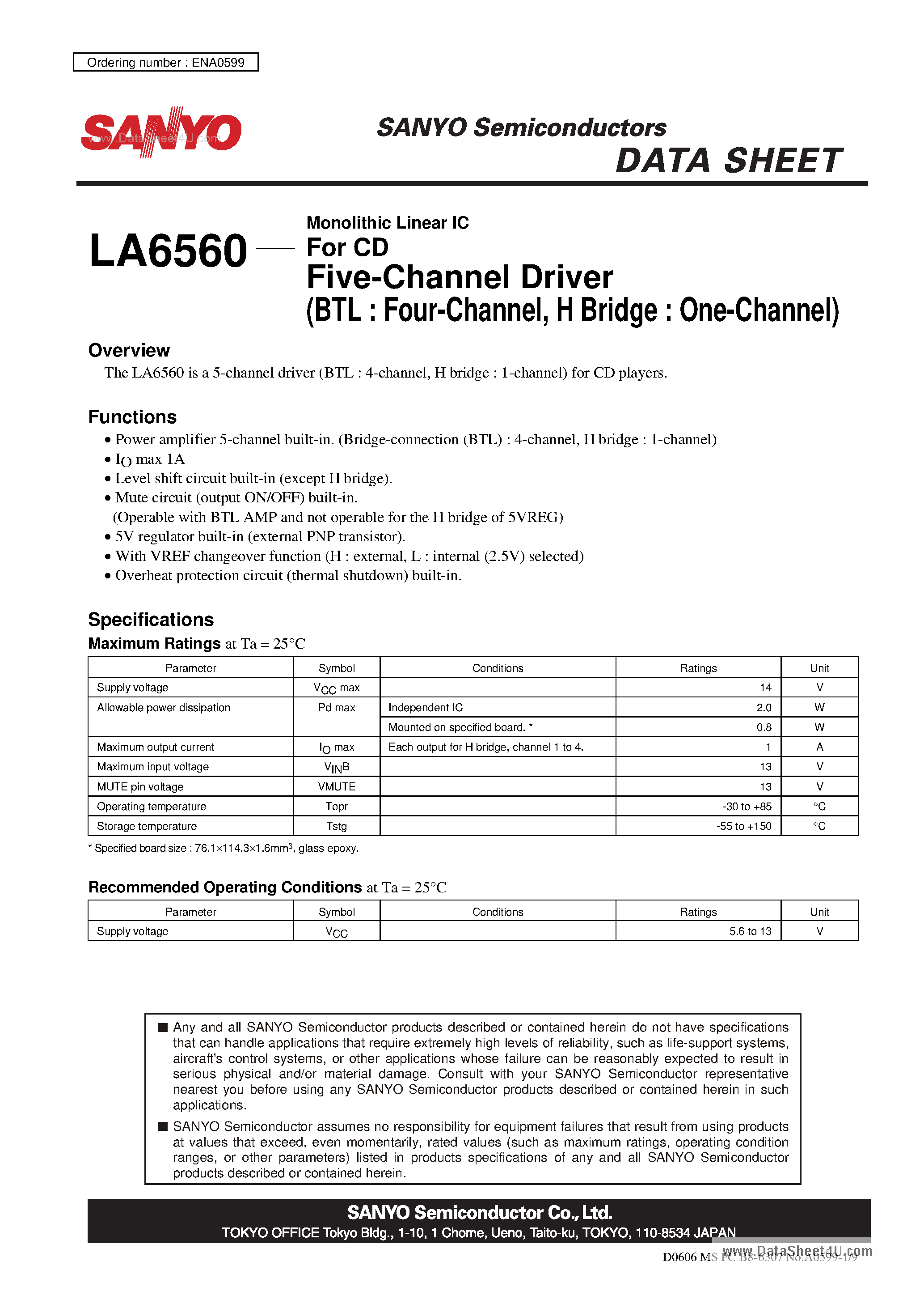 Datasheet LA6560 page 1 Datasheet LA6560 - 5-Channel Driver page 1