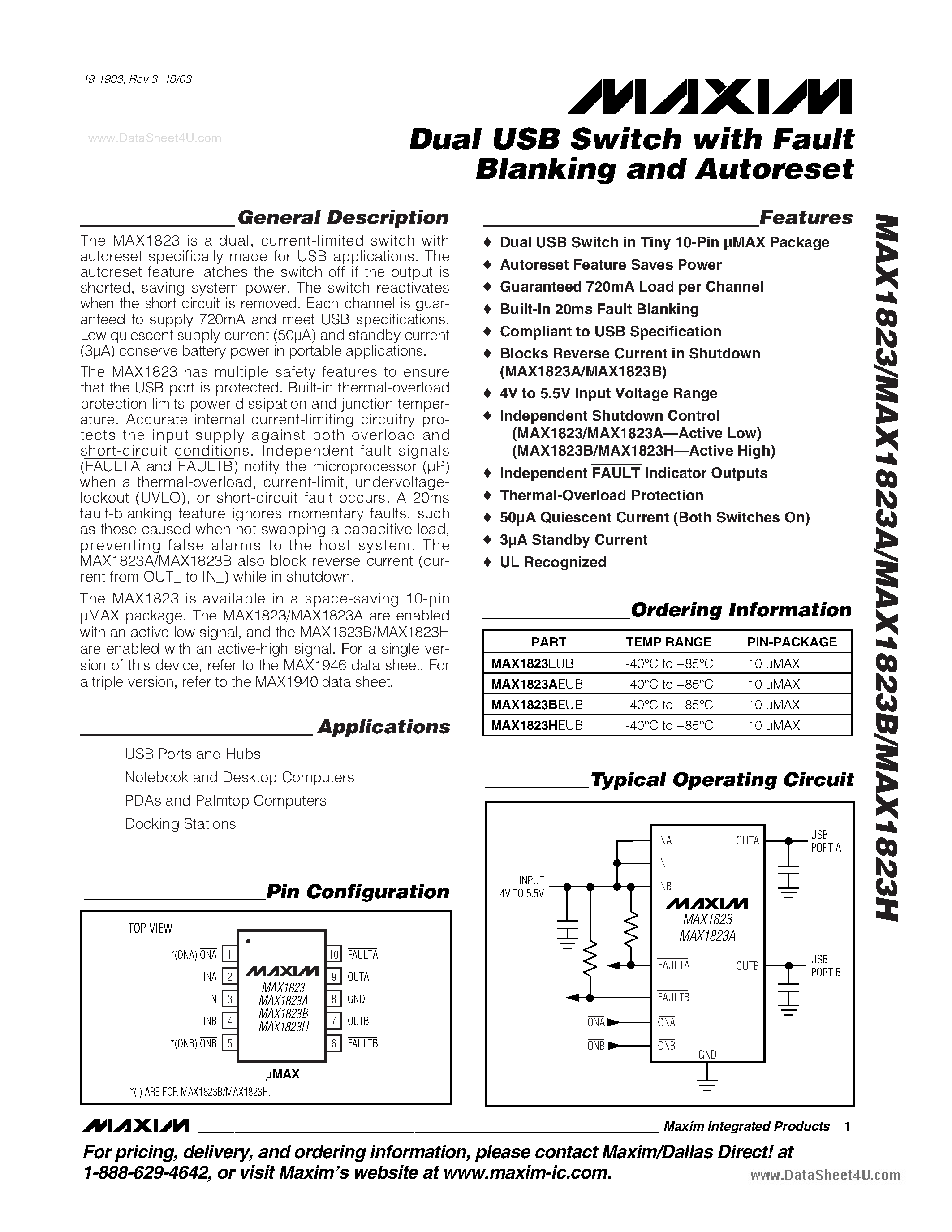 Datasheet MAX1823 page 1 Datasheet MAX1823 - Dual USB Switch page 1