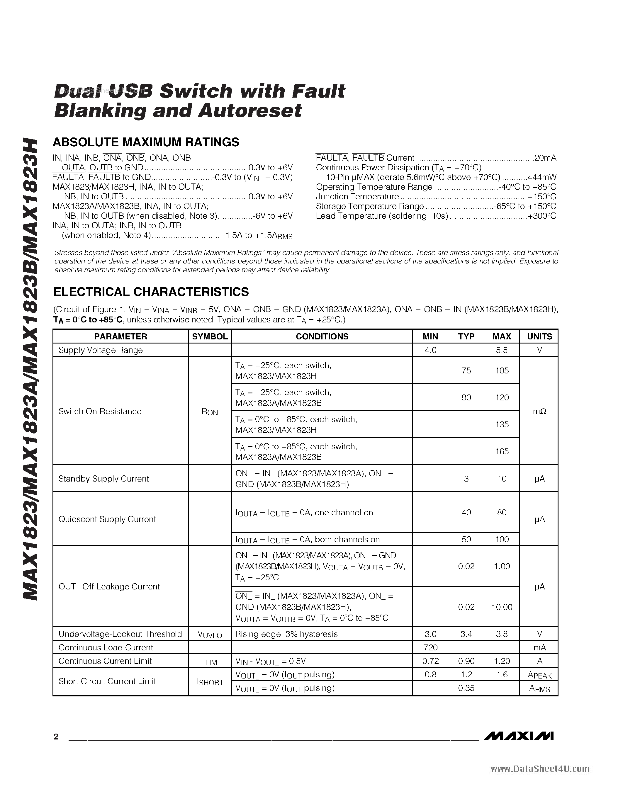Datasheet MAX1823 page 2 Datasheet MAX1823 - Dual USB Switch page 2