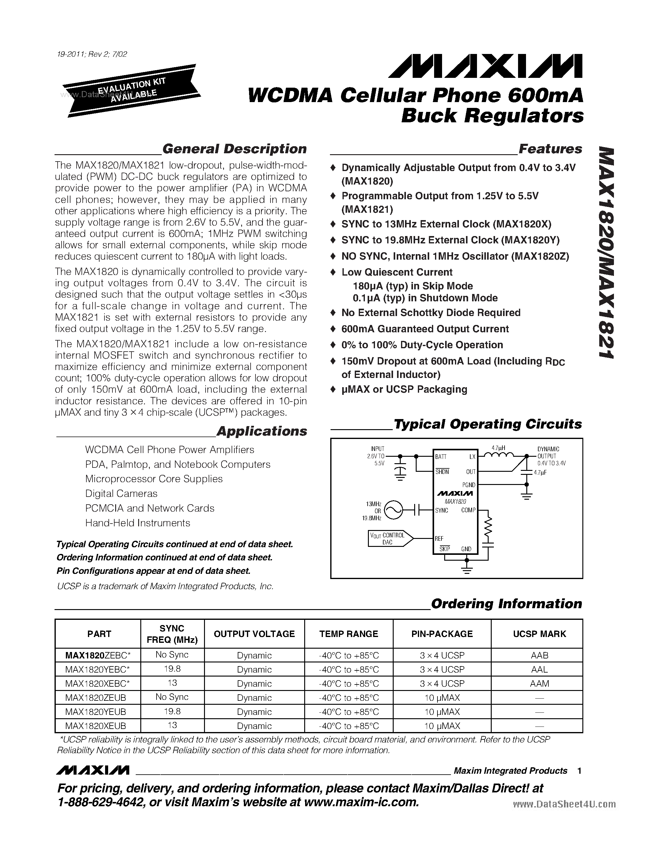 Datasheet MAX1820 - (MAX1829 / MAX1821) W-cdma Cellular Phone 600mA Buck Regulators page 1