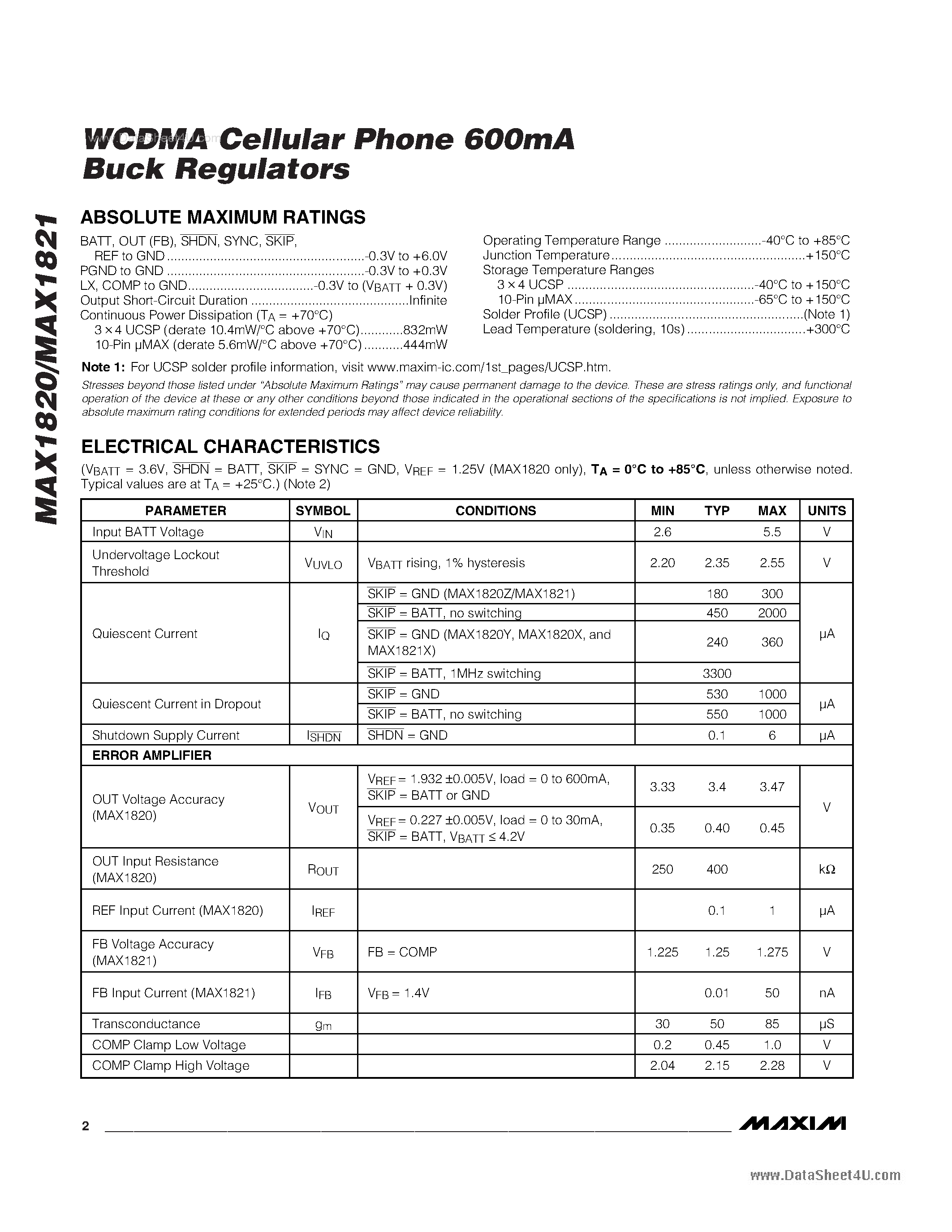 Datasheet MAX1820 - (MAX1829 / MAX1821) W-cdma Cellular Phone 600mA Buck Regulators page 2