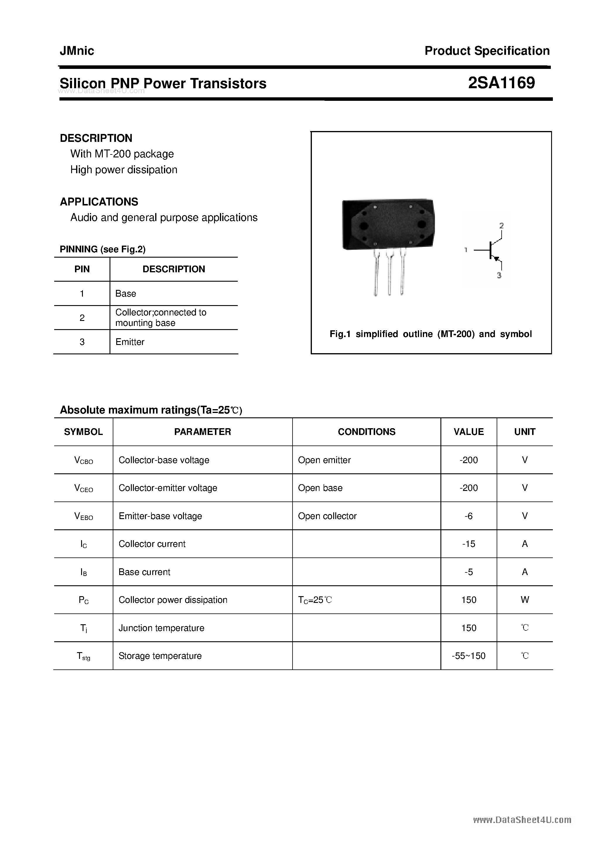 Datasheet 2SA1169 - Silicon PNP Power Transistors page 1