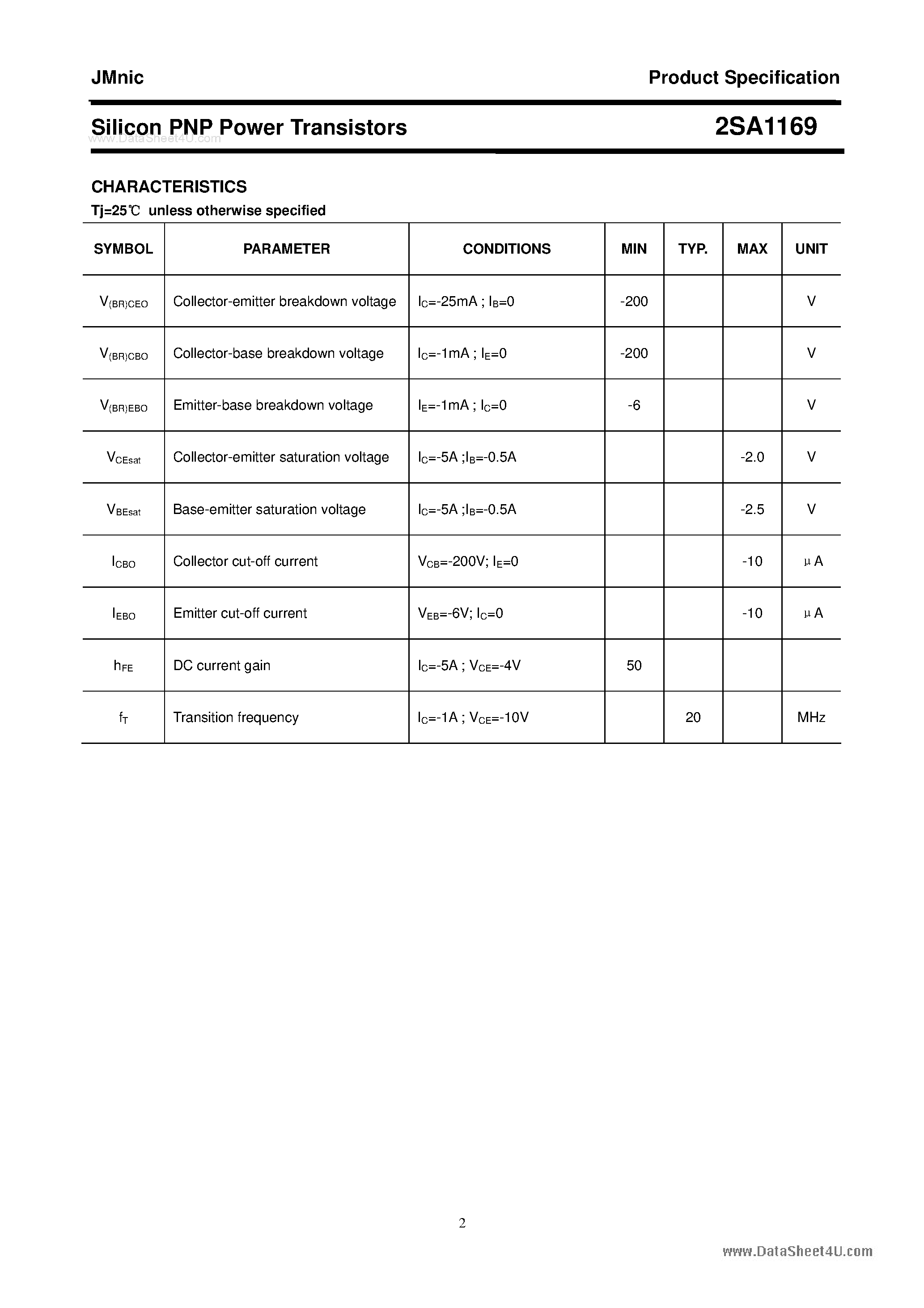 Datasheet 2SA1169 - Silicon PNP Power Transistors page 2