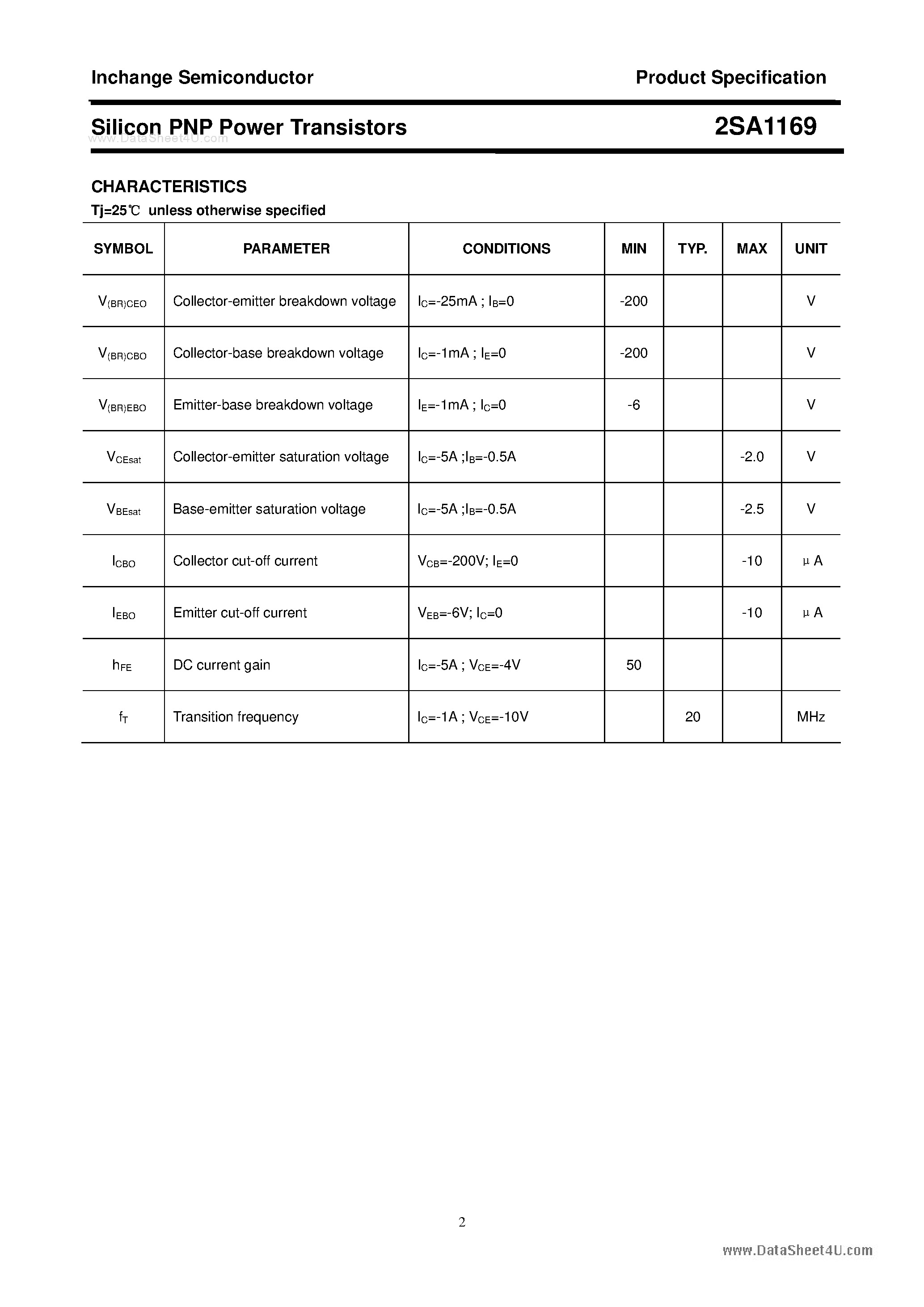 Datasheet 2SA1169 - Silicon PNP Power Transistors page 2