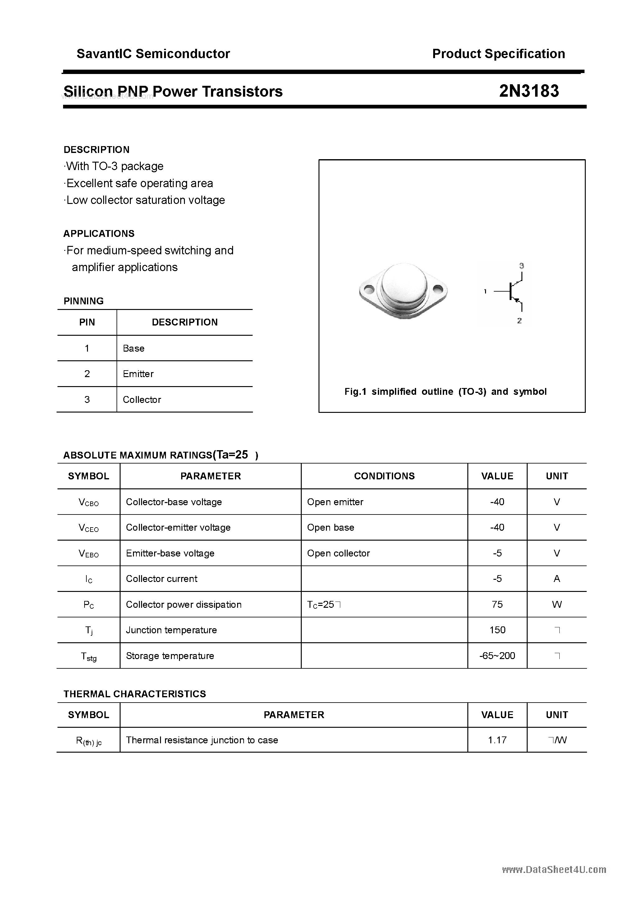 Даташит 2N3183 - Silicon PNP Power Transistors страница 1
