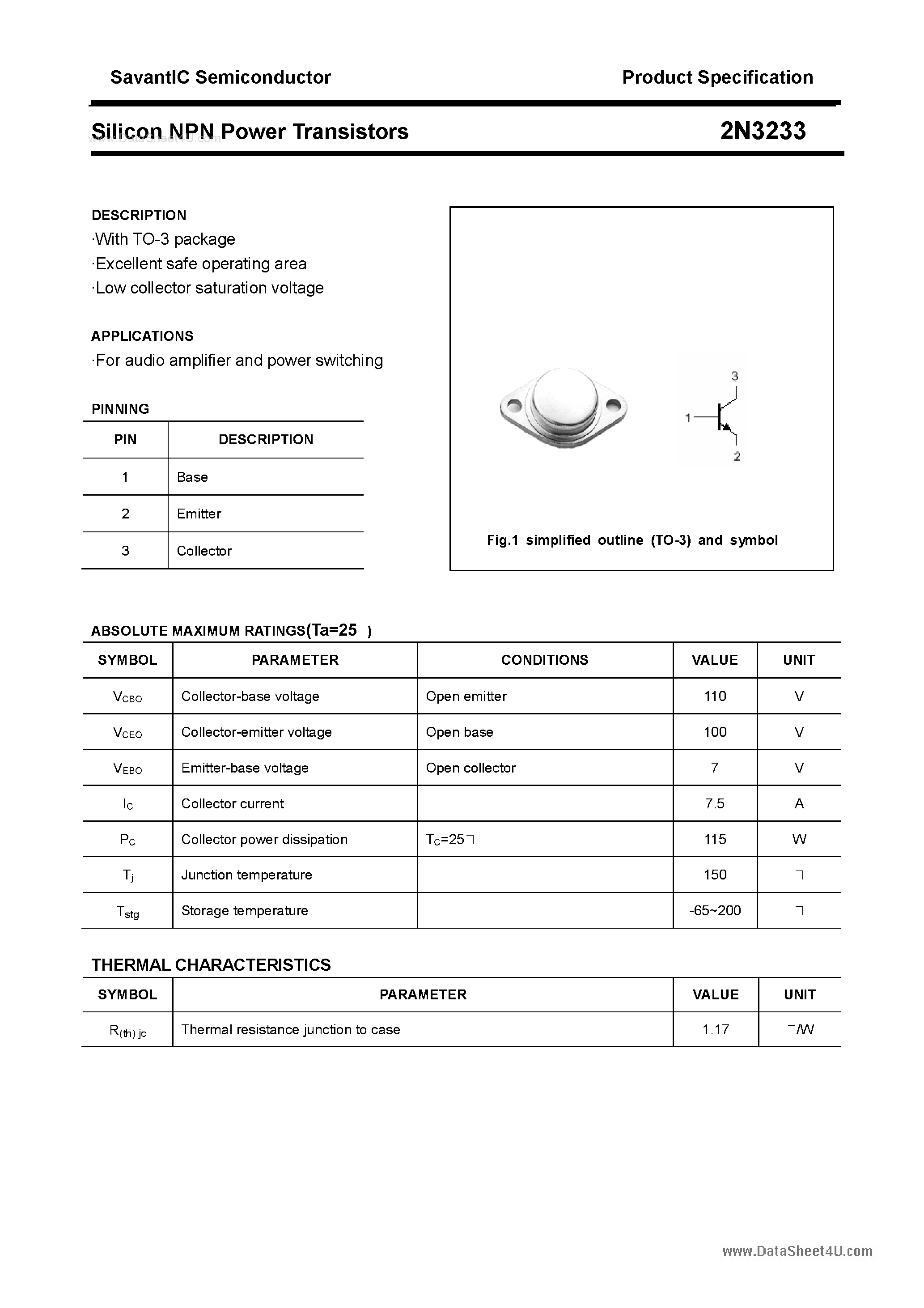 Даташит 2N3233 - Silicon NPN Power Transistors страница 1