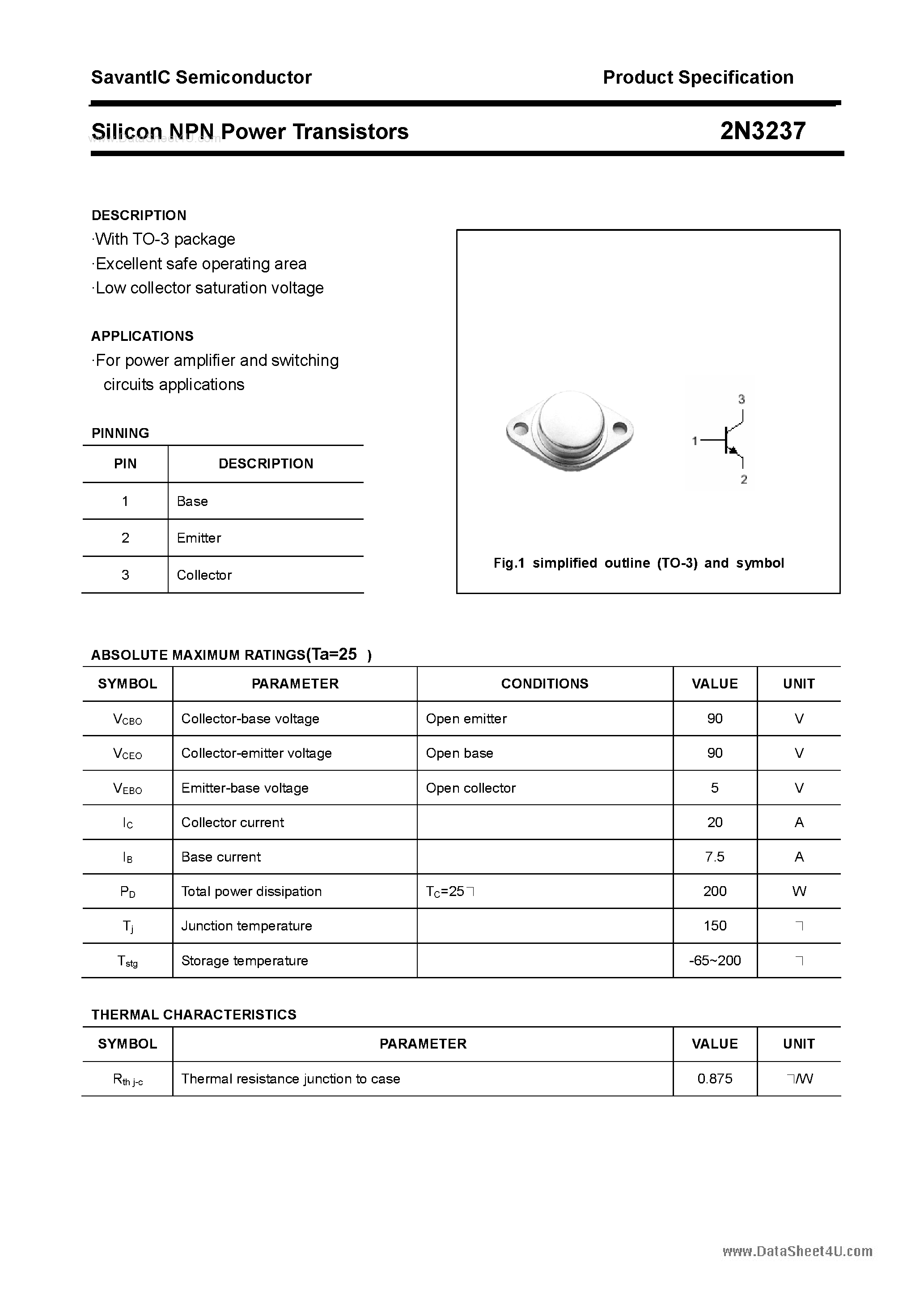 Даташит 2N3237 - Silicon NPN Power Transistors страница 1