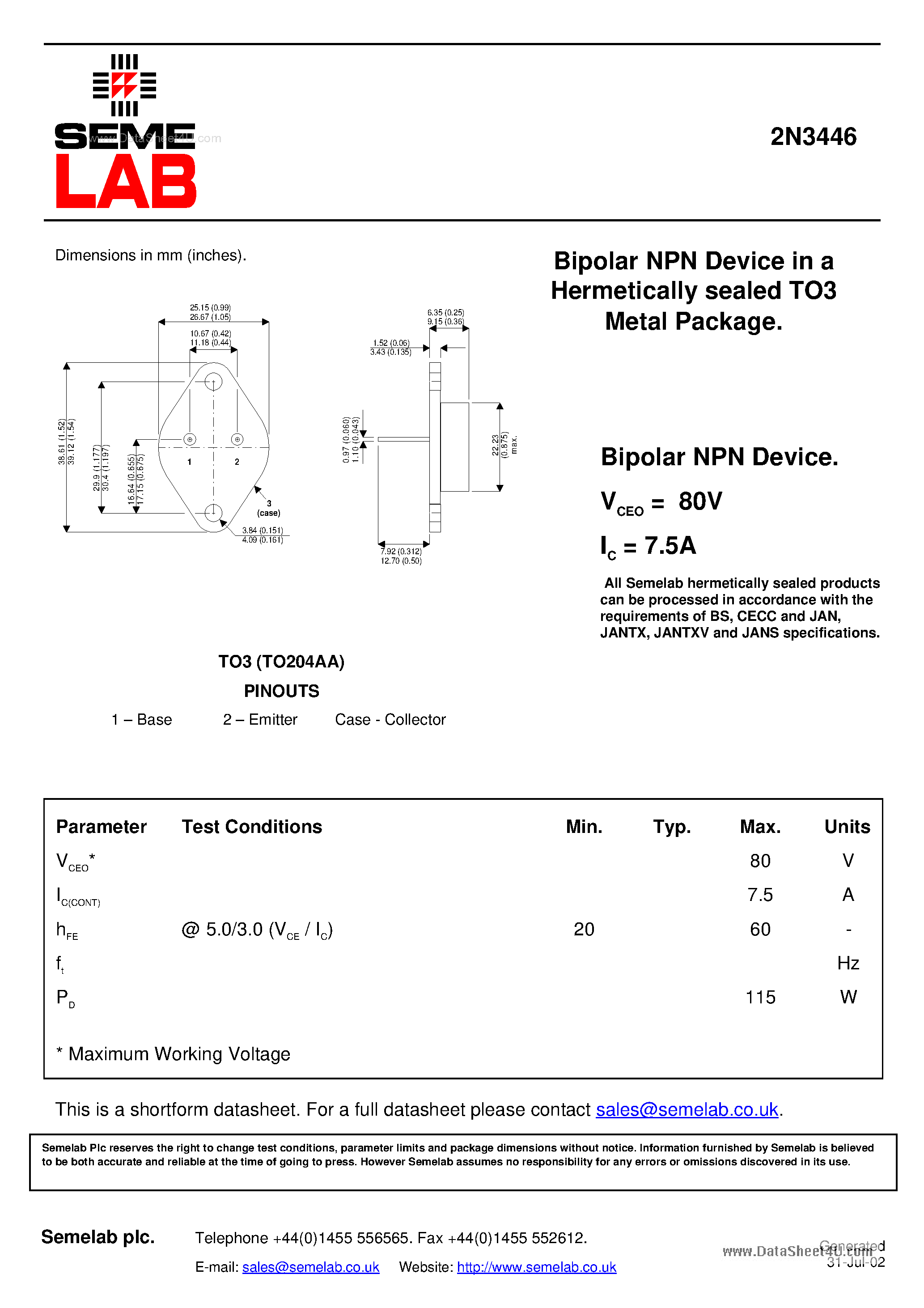 Даташит 2N3446 - Bipolar NPN Device страница 1