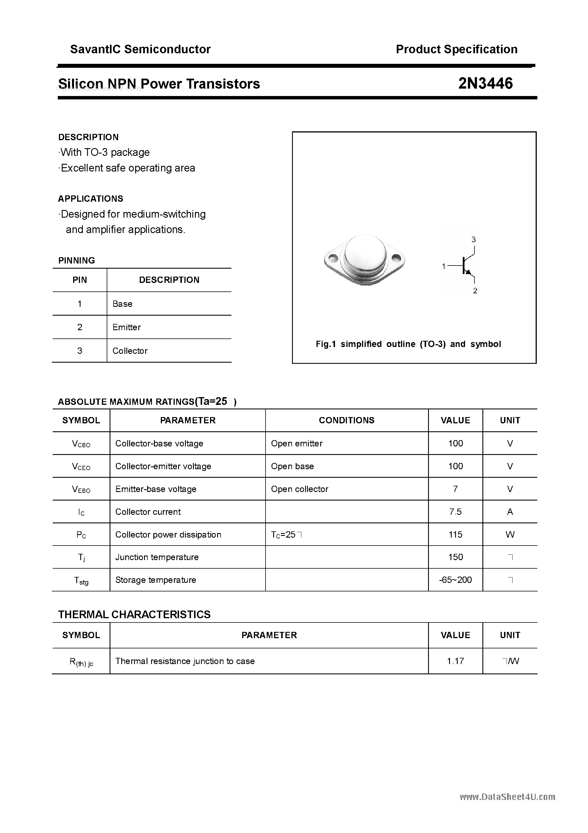 Даташит на микросхему 2N3446 страница 1 Даташит 2N3446 - Silicon NPN Power Transistors страница 1