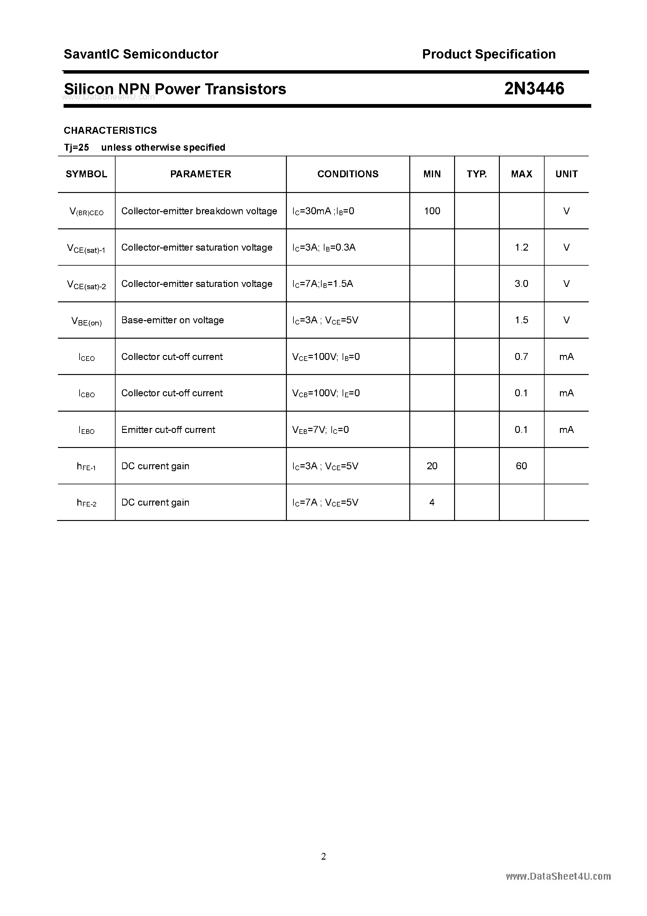 Даташит на микросхему 2N3446 страница 2 Даташит 2N3446 - Silicon NPN Power Transistors страница 2