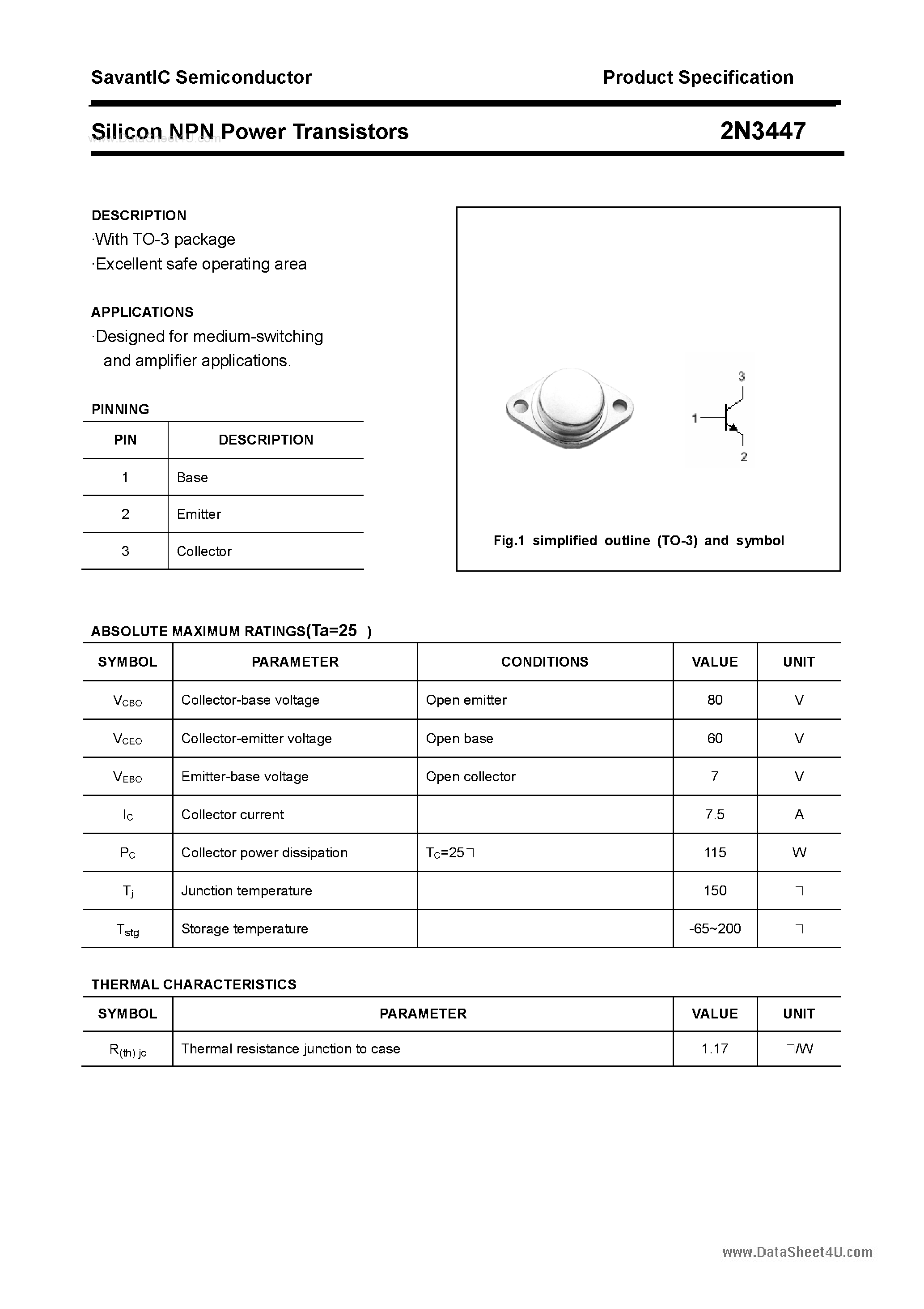 Даташит 2N3447 - Silicon NPN Power Transistors страница 1
