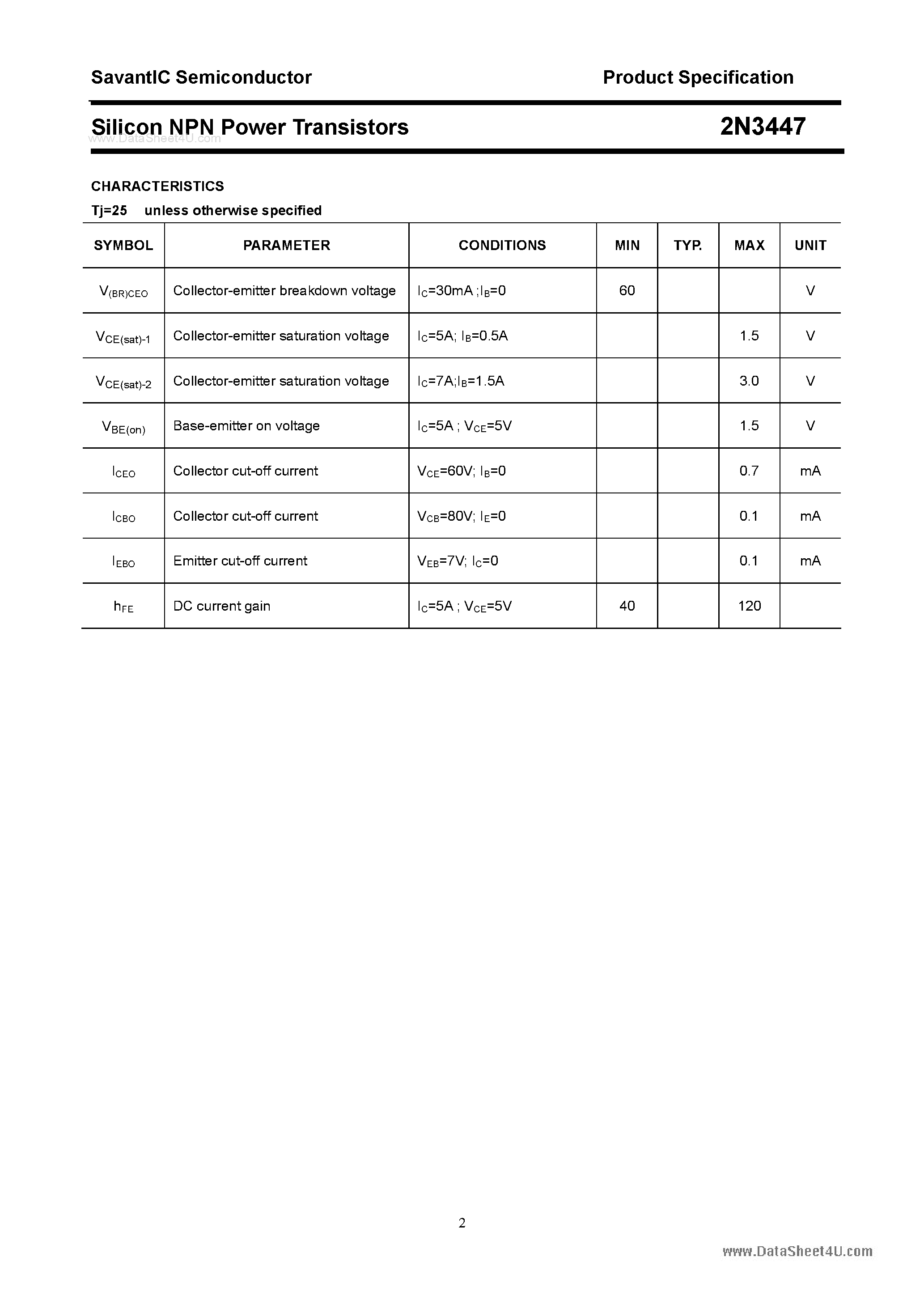 Даташит 2N3447 - Silicon NPN Power Transistors страница 2