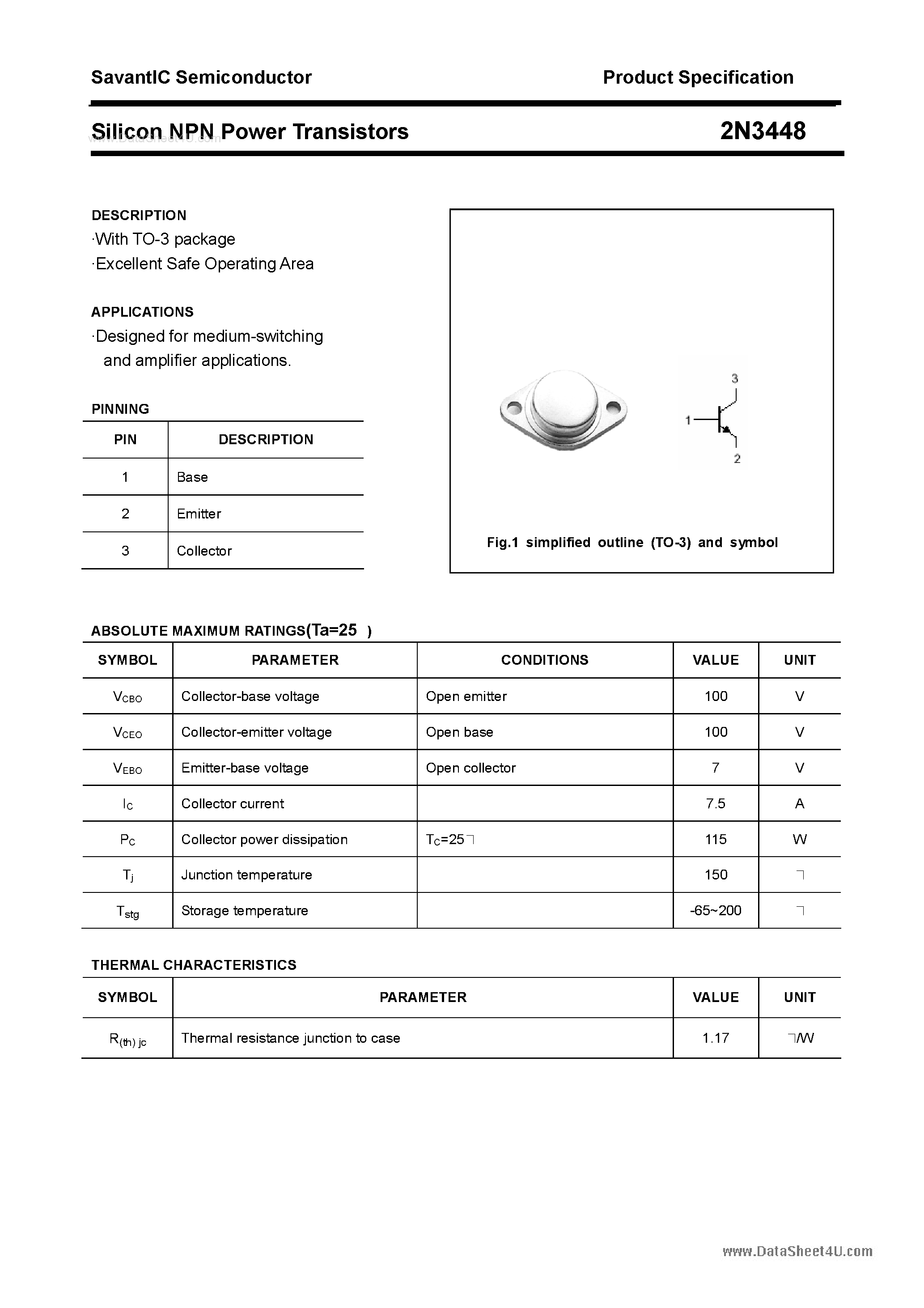 Даташит 2N3448 - Silicon NPN Power Transistors страница 1