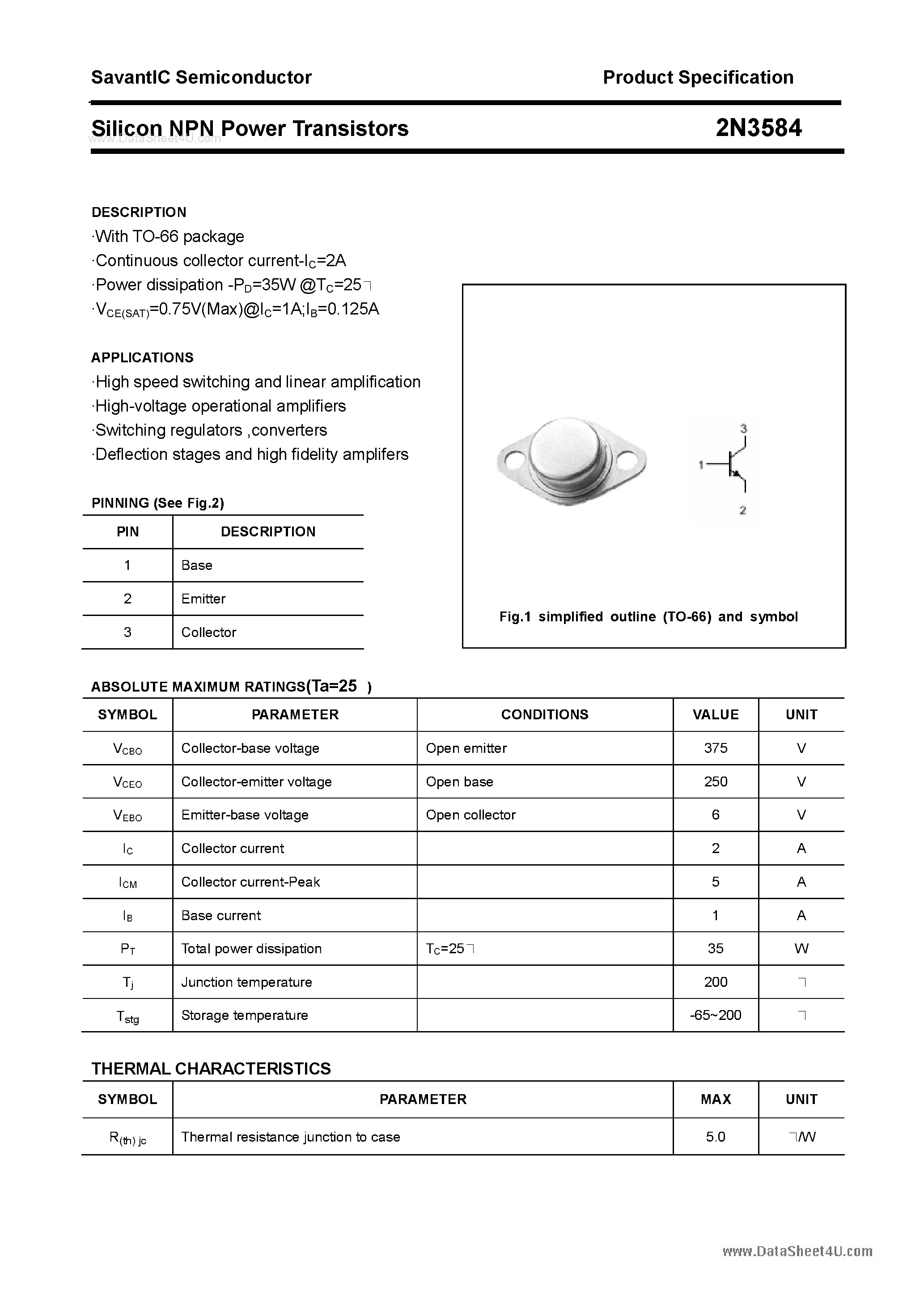 Даташит на микросхему 2N3584 страница 1 Даташит 2N3584 - Silicon NPN Power Transistors страница 1