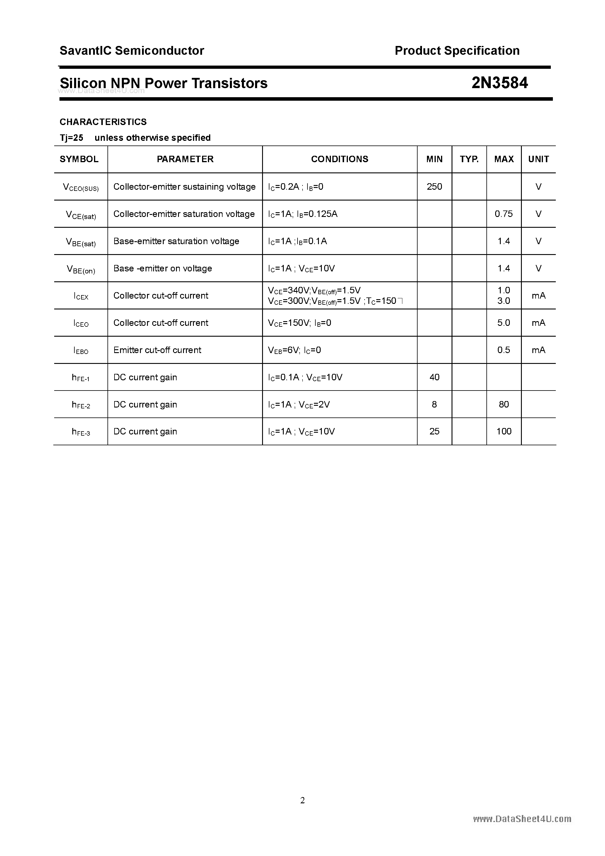 Даташит на микросхему 2N3584 страница 2 Даташит 2N3584 - Silicon NPN Power Transistors страница 2