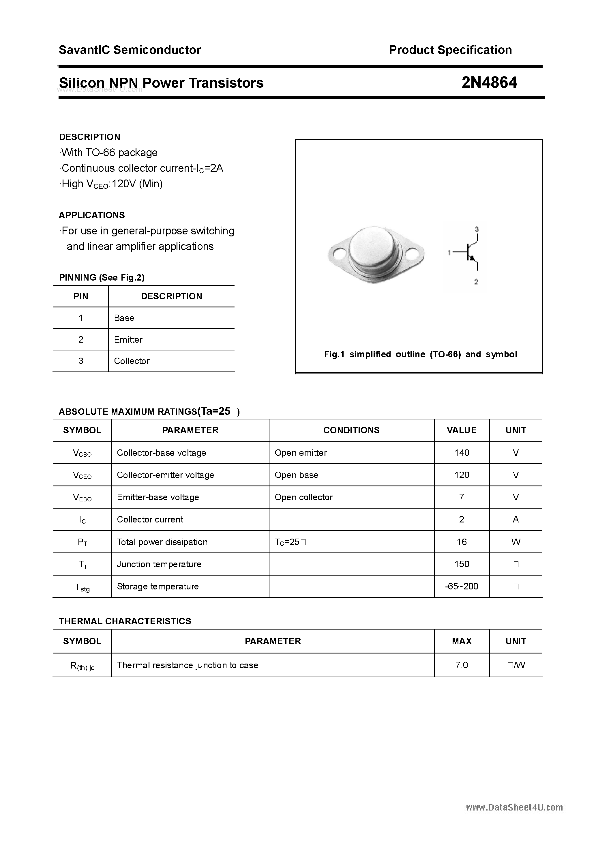 Даташит 2N4864 - Silicon NPN Power Transistors страница 1