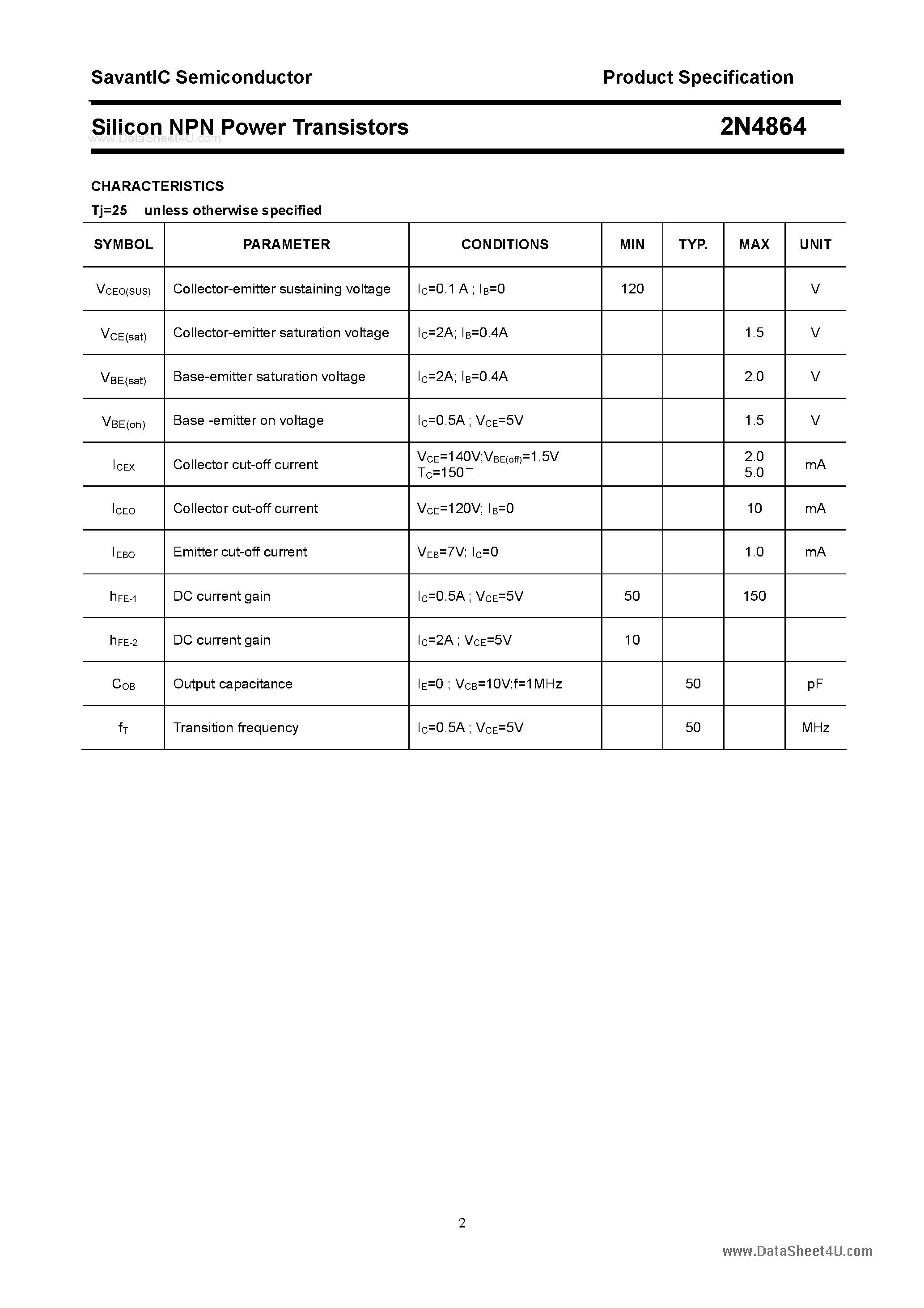 Даташит 2N4864 - Silicon NPN Power Transistors страница 2