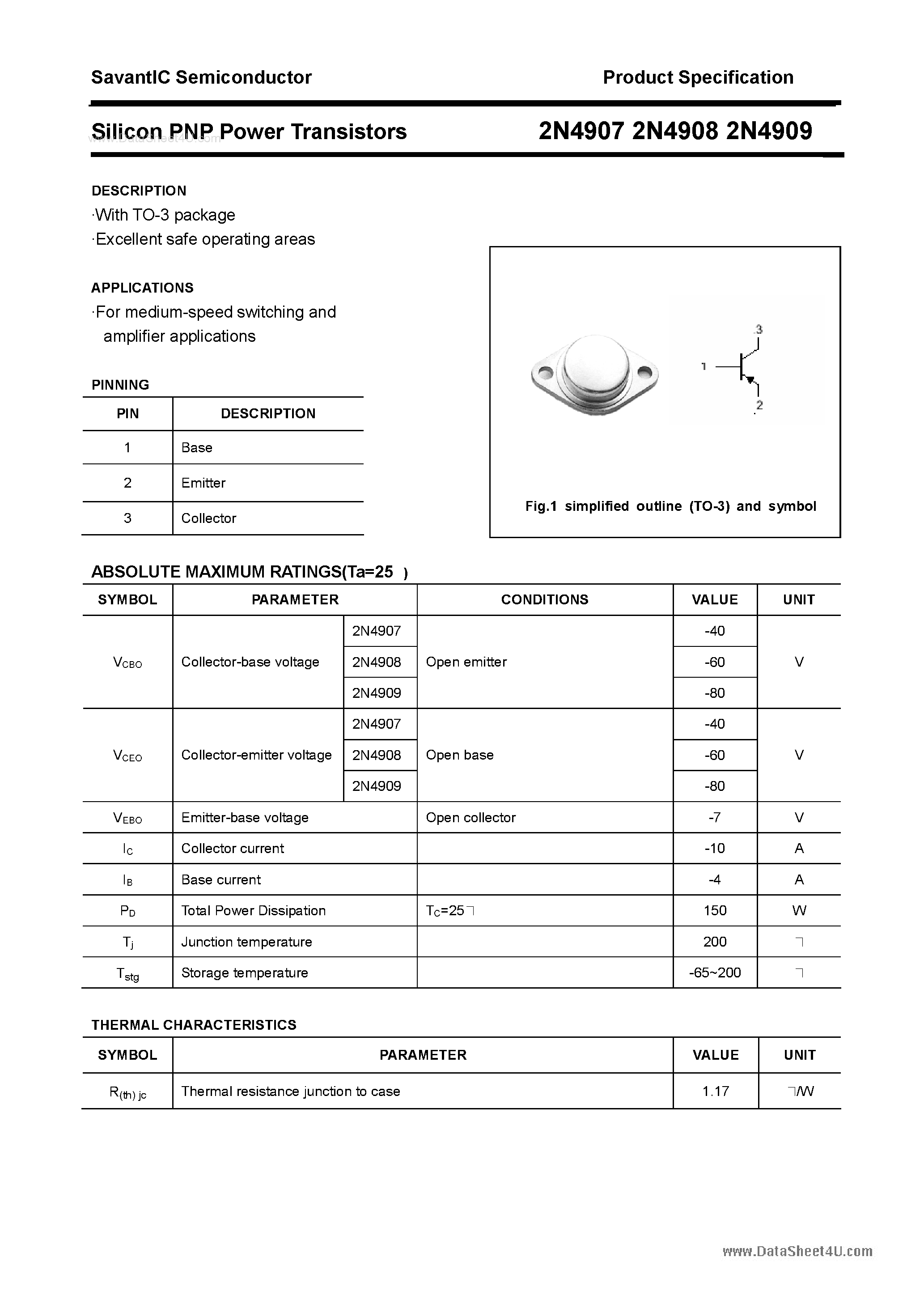 Даташит на микросхему 2N4907 страница 1 Даташит 2N4907 - (2N4907 - 2N4909) Silicon PNP Power Transistors страница 1