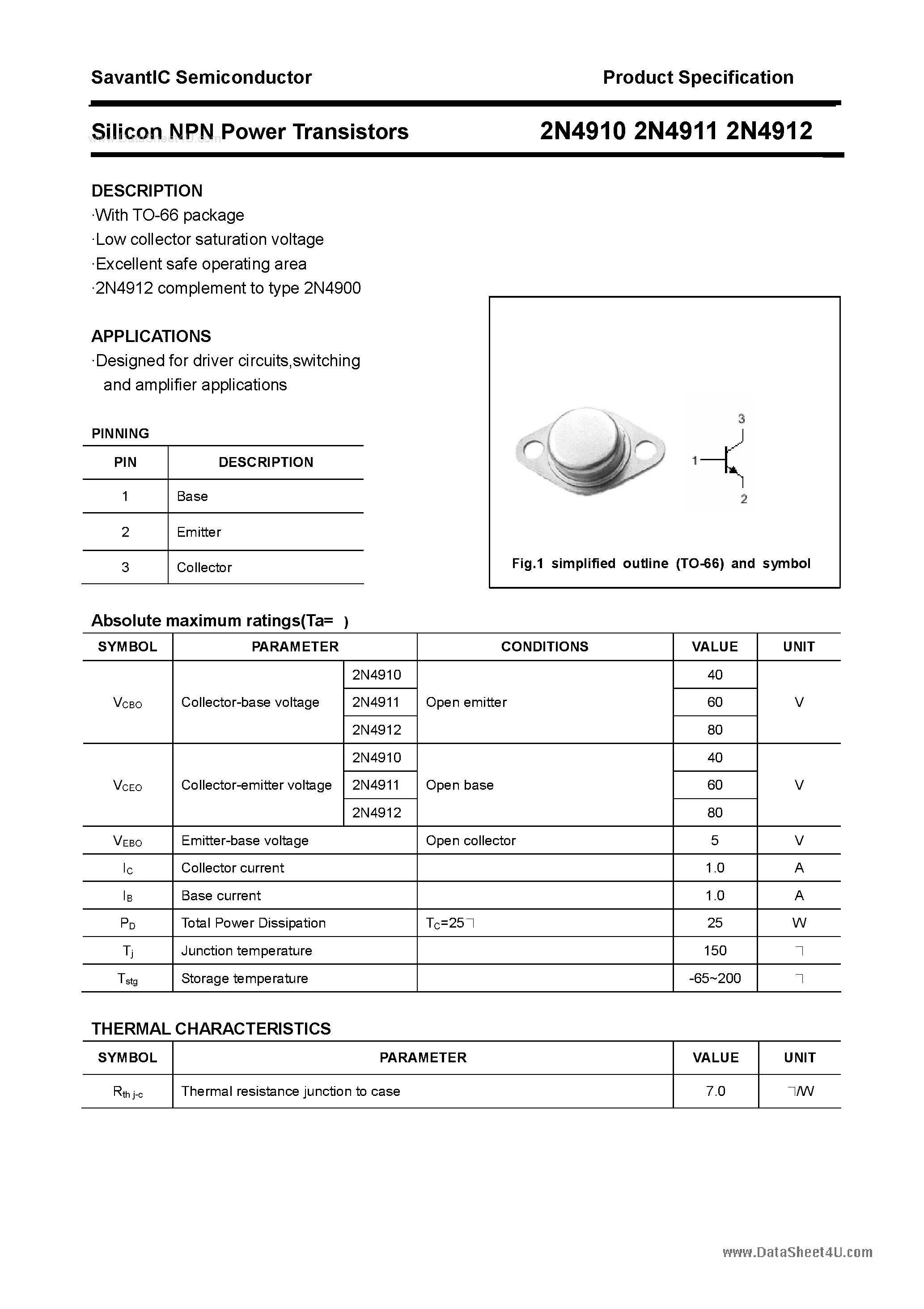Даташит на микросхему 2N4910 страница 1 Даташит 2N4910 - (2N4910 - 2N4911) Silicon NPN Power Transistors страница 1