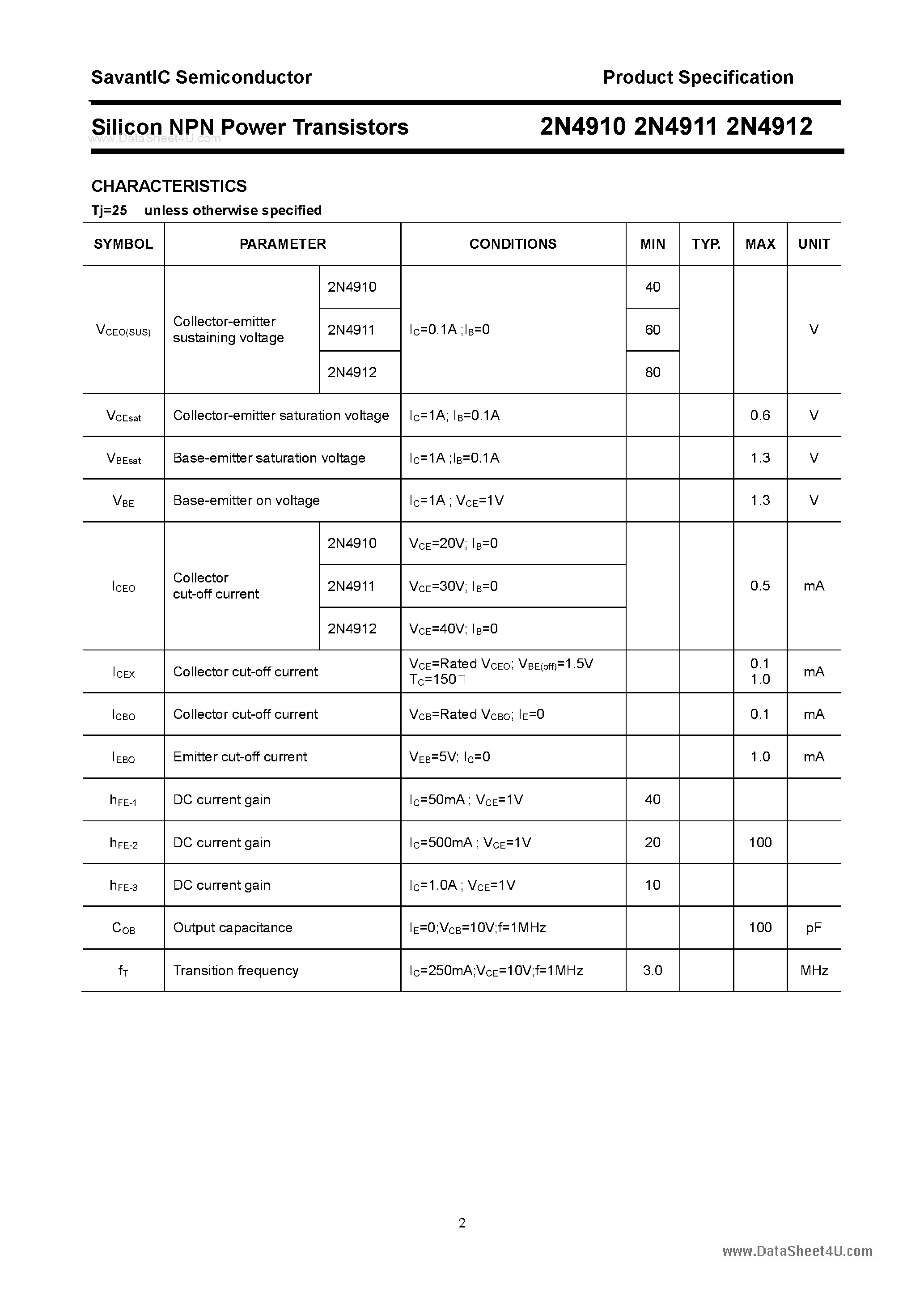 Даташит на микросхему 2N4910 страница 2 Даташит 2N4910 - (2N4910 - 2N4911) Silicon NPN Power Transistors страница 2