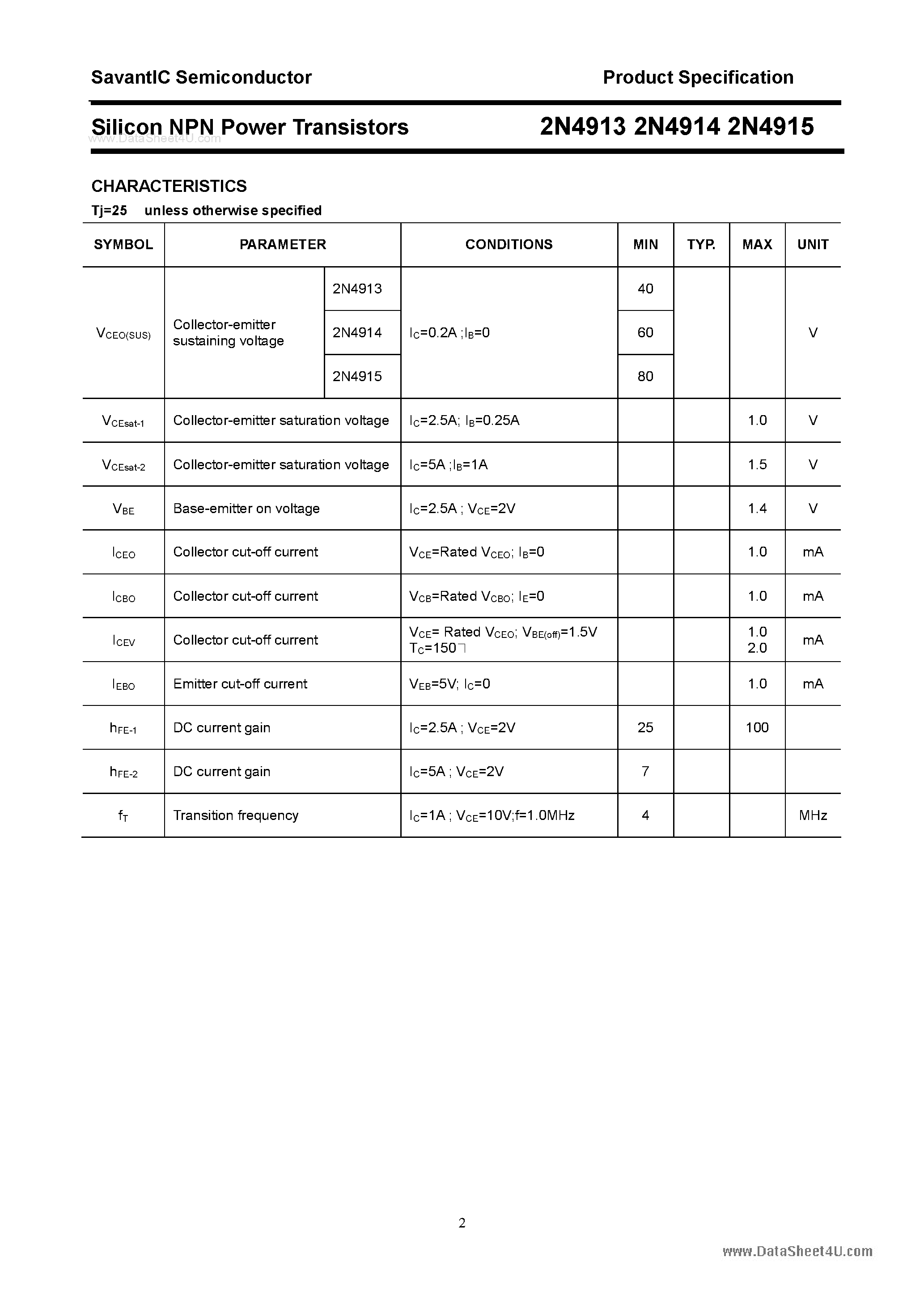 Даташит на микросхему 2N4913 страница 2 Даташит 2N4913 - (2N4913 - 2N4915) Silicon NPN Power Transistors страница 2