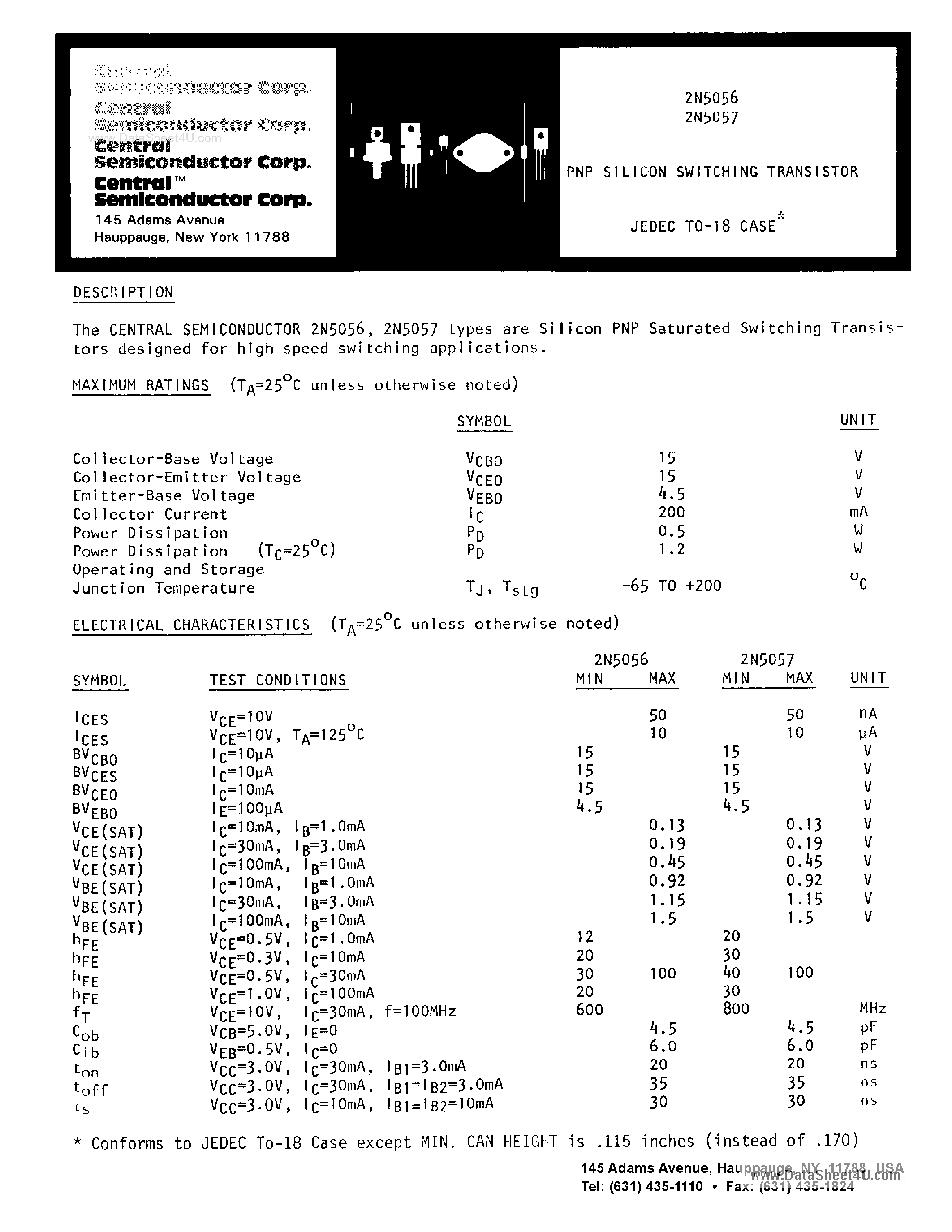 Datasheet 2N5056 - (2N5056 / 2N5057) PNP Silicon Switching Transistor page 1