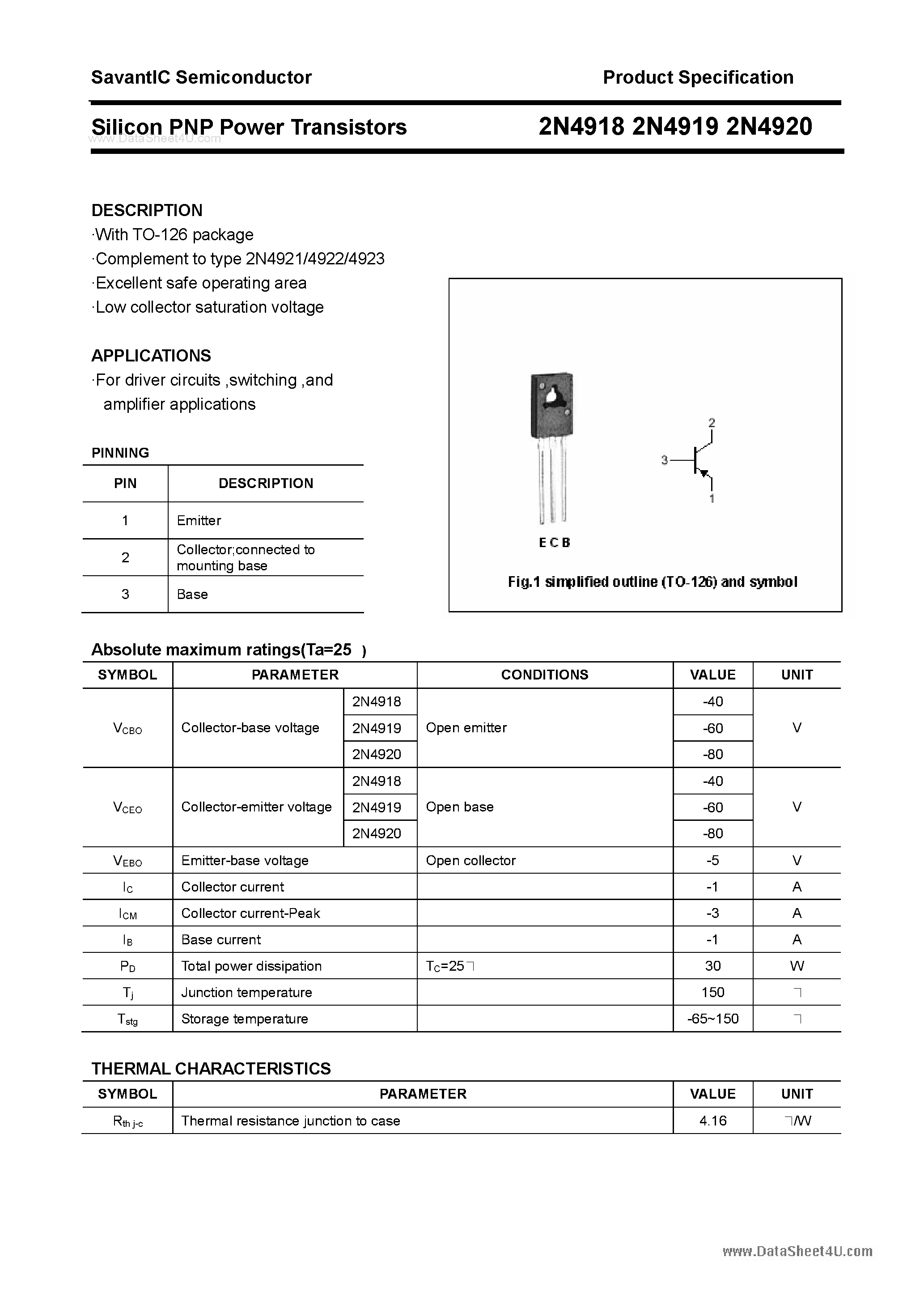 Даташит на микросхему 2N4918 страница 1 Даташит 2N4918 - (2N4918 - 2N4920) Silicon PNP Power Transistors страница 1