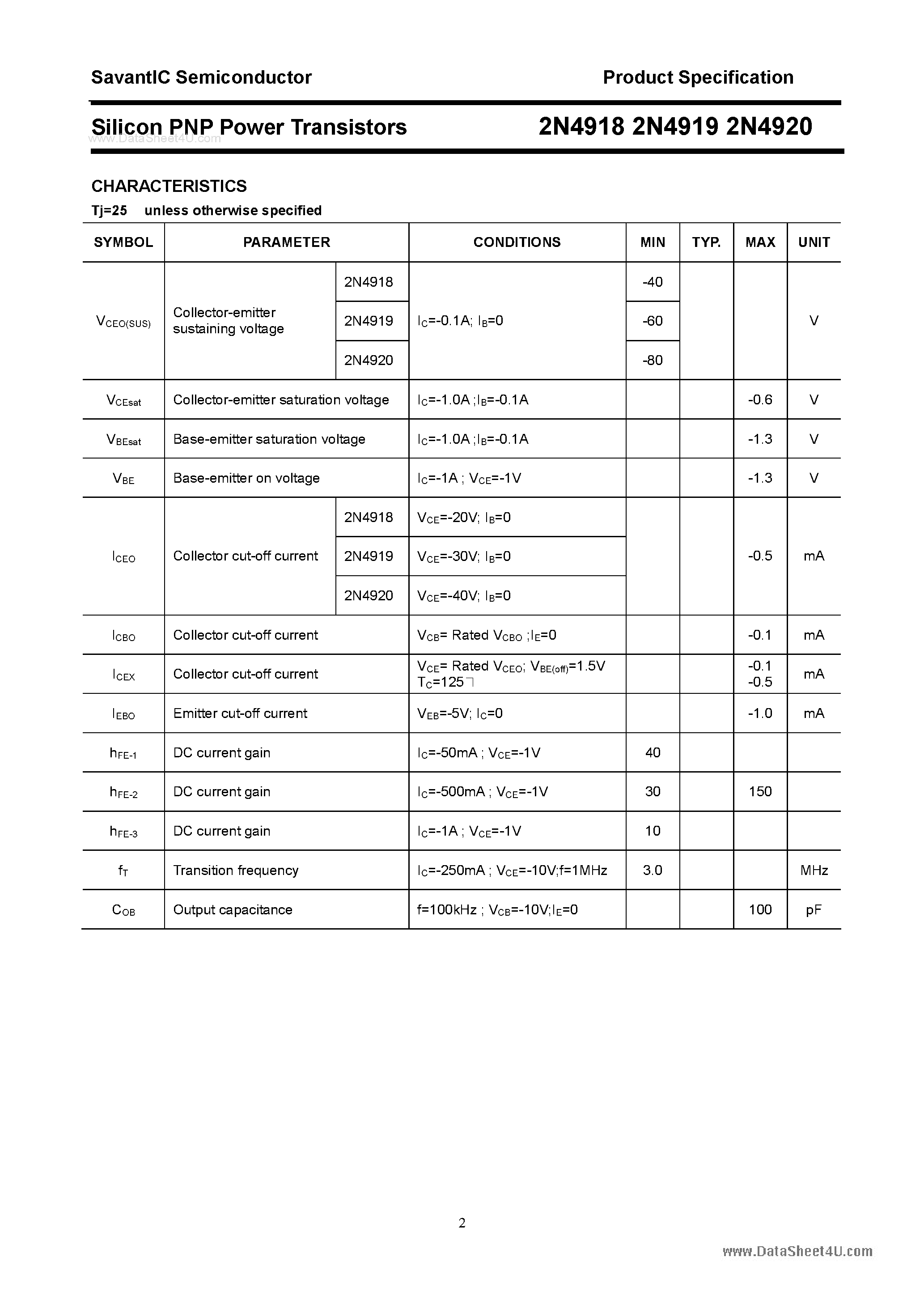 Даташит на микросхему 2N4918 страница 2 Даташит 2N4918 - (2N4918 - 2N4920) Silicon PNP Power Transistors страница 2
