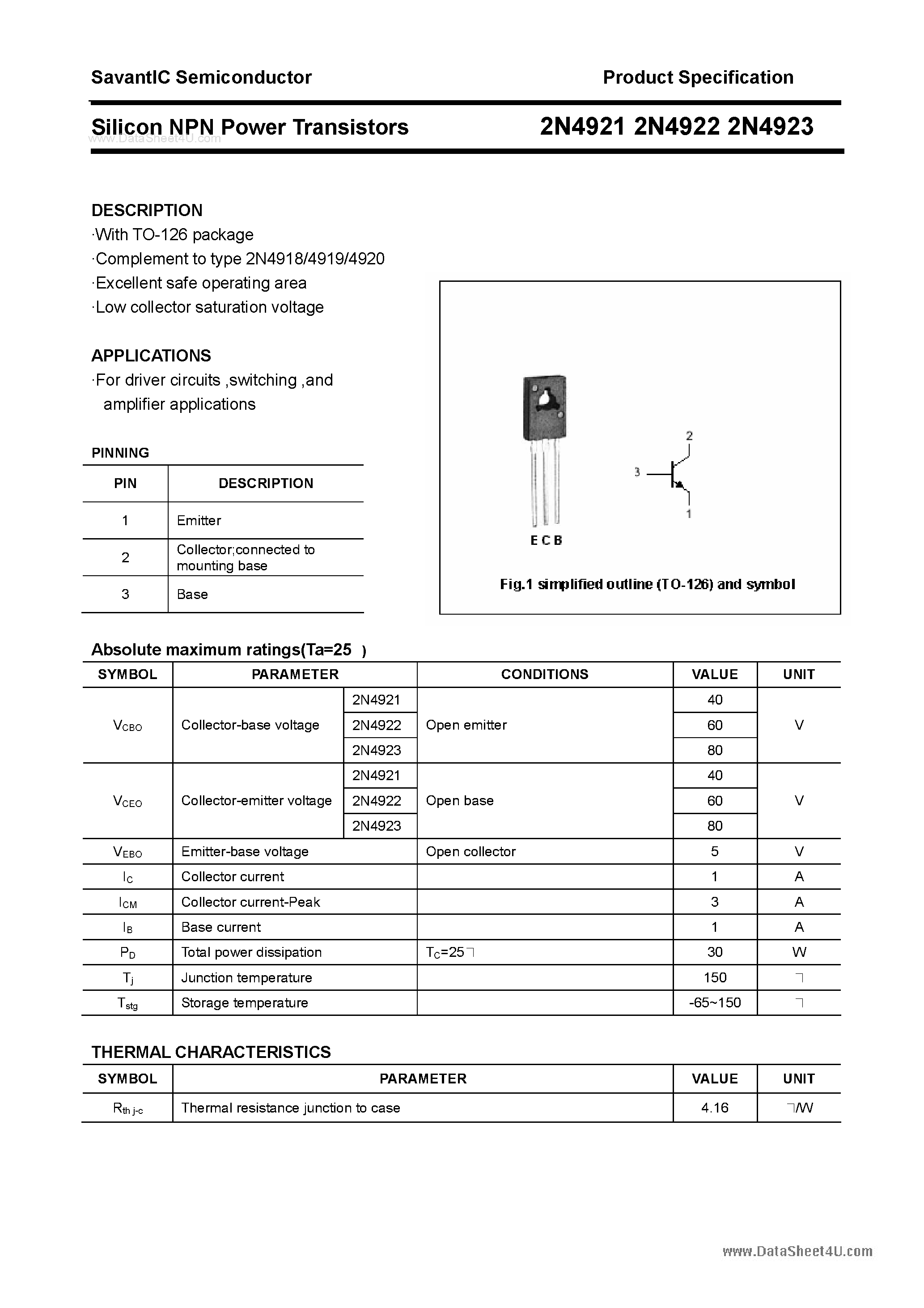 Даташит на микросхему 2N4922 страница 1 Даташит 2N4922 - (2N4921 - 2N4923) Silicon NPN Power Transistors страница 1