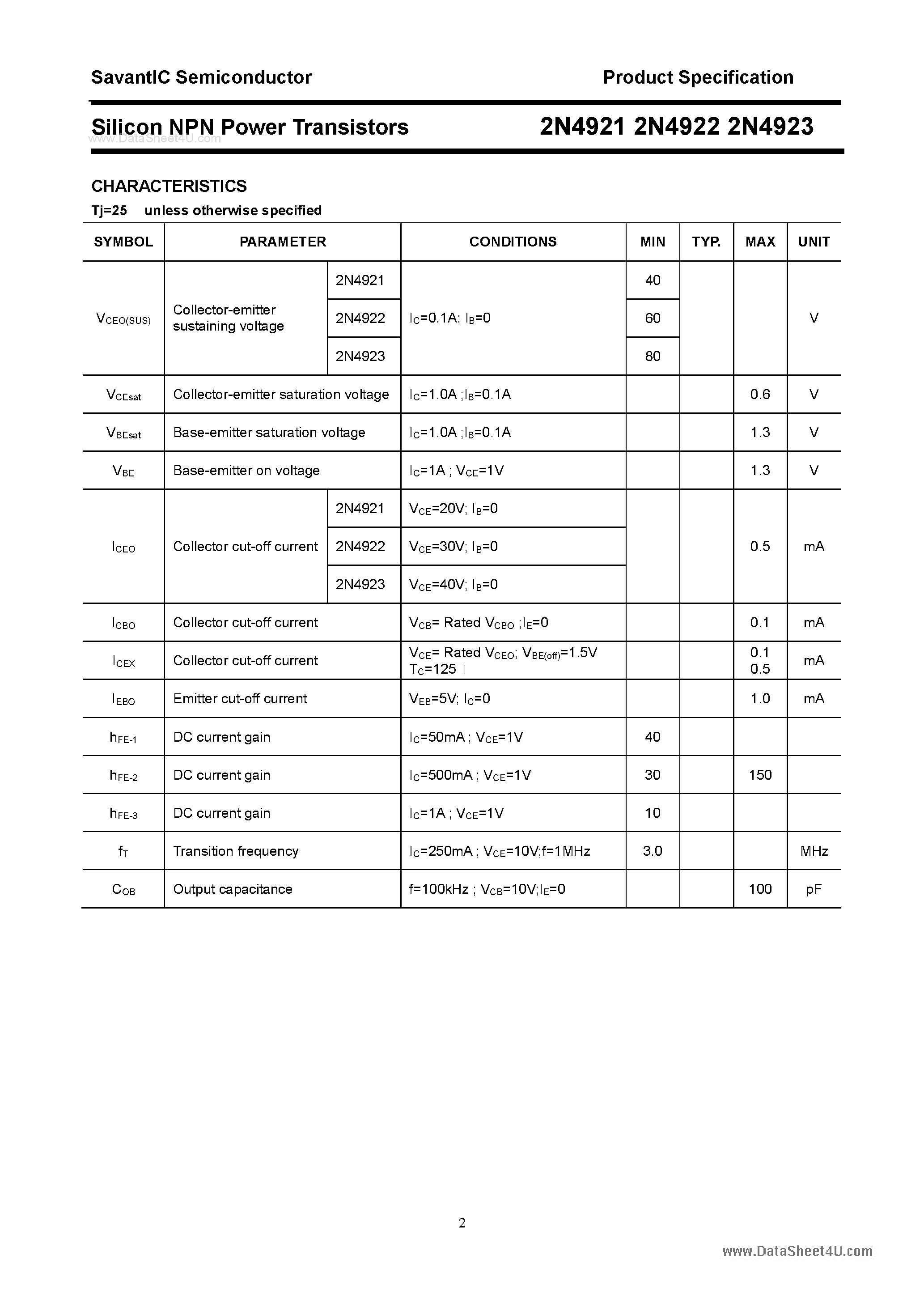 Даташит на микросхему 2N4922 страница 2 Даташит 2N4922 - (2N4921 - 2N4923) Silicon NPN Power Transistors страница 2