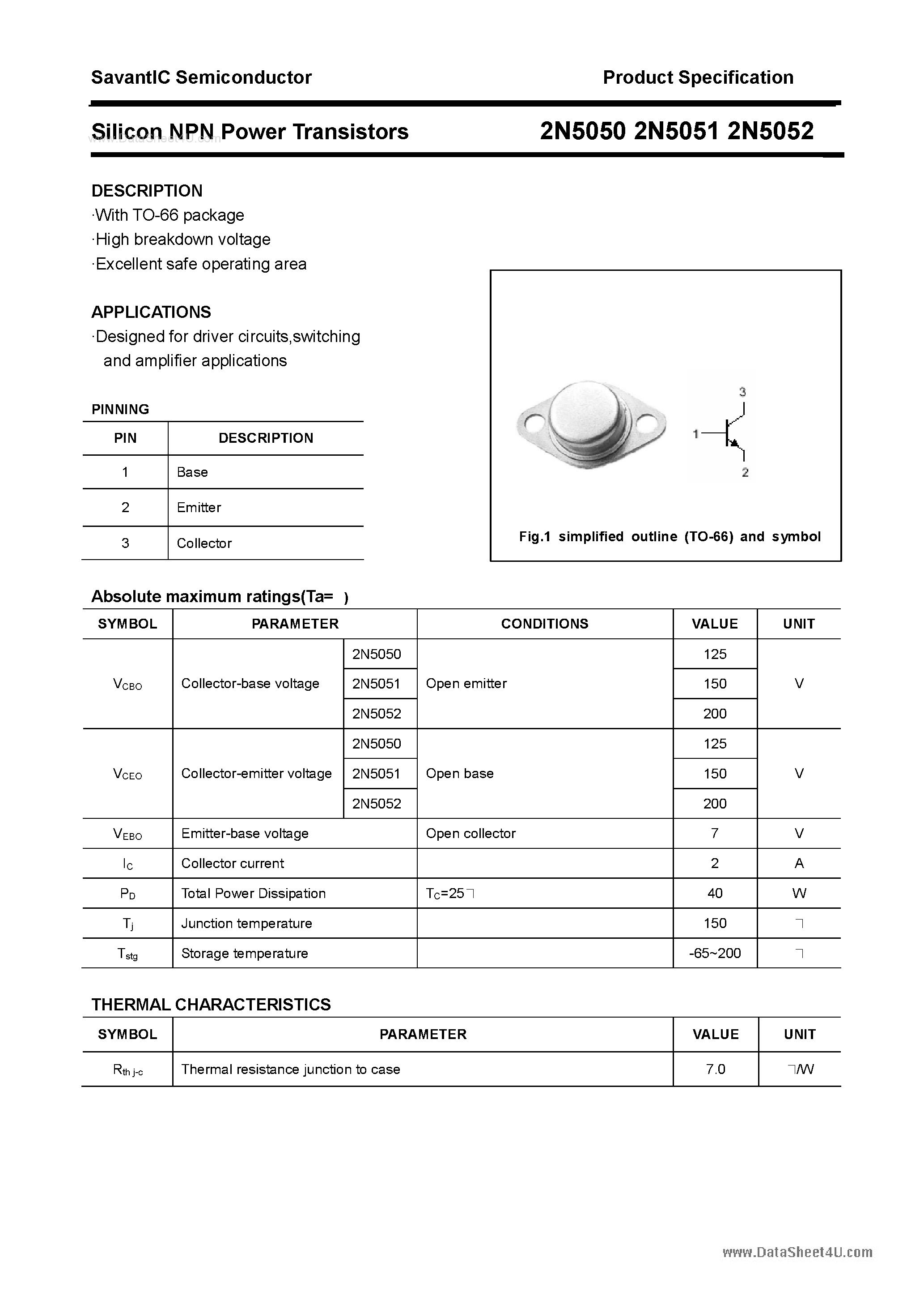 Даташит на микросхему 2N5050 страница 1 Даташит 2N5050 - (2N5050 - 2N5052) Silicon NPN Power Transistors страница 1